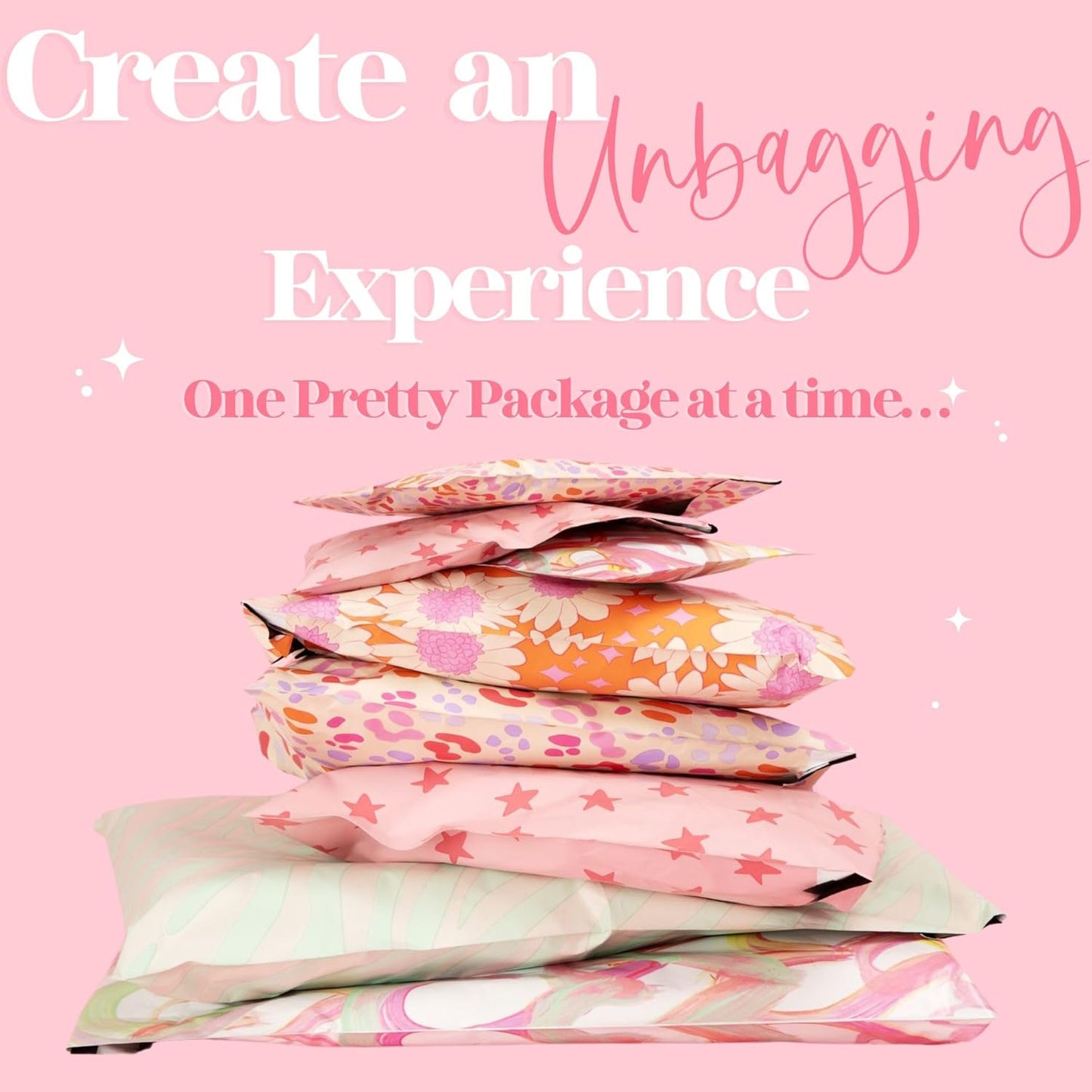 14.5x19 Designer Poly Mailer 100 Pack Heavy Duty Waterproof Self Seal Shipping Bags for Small Business Large Mailing Envelopes Bulk Tear Resistant Cute Packaging Seeing Stars Pink