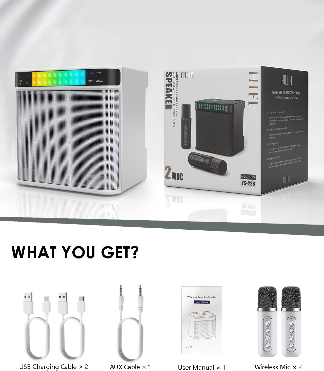 Karaoke Machine with 2 Wireless Microphones, FULLIFE 2024 3000mAh Portable Bluetooth Karaoke Speaker for Adults/Kids, PA System with RGB Light, Echo, Support TF/USB/AUX, Home Karaoke Set for Parties