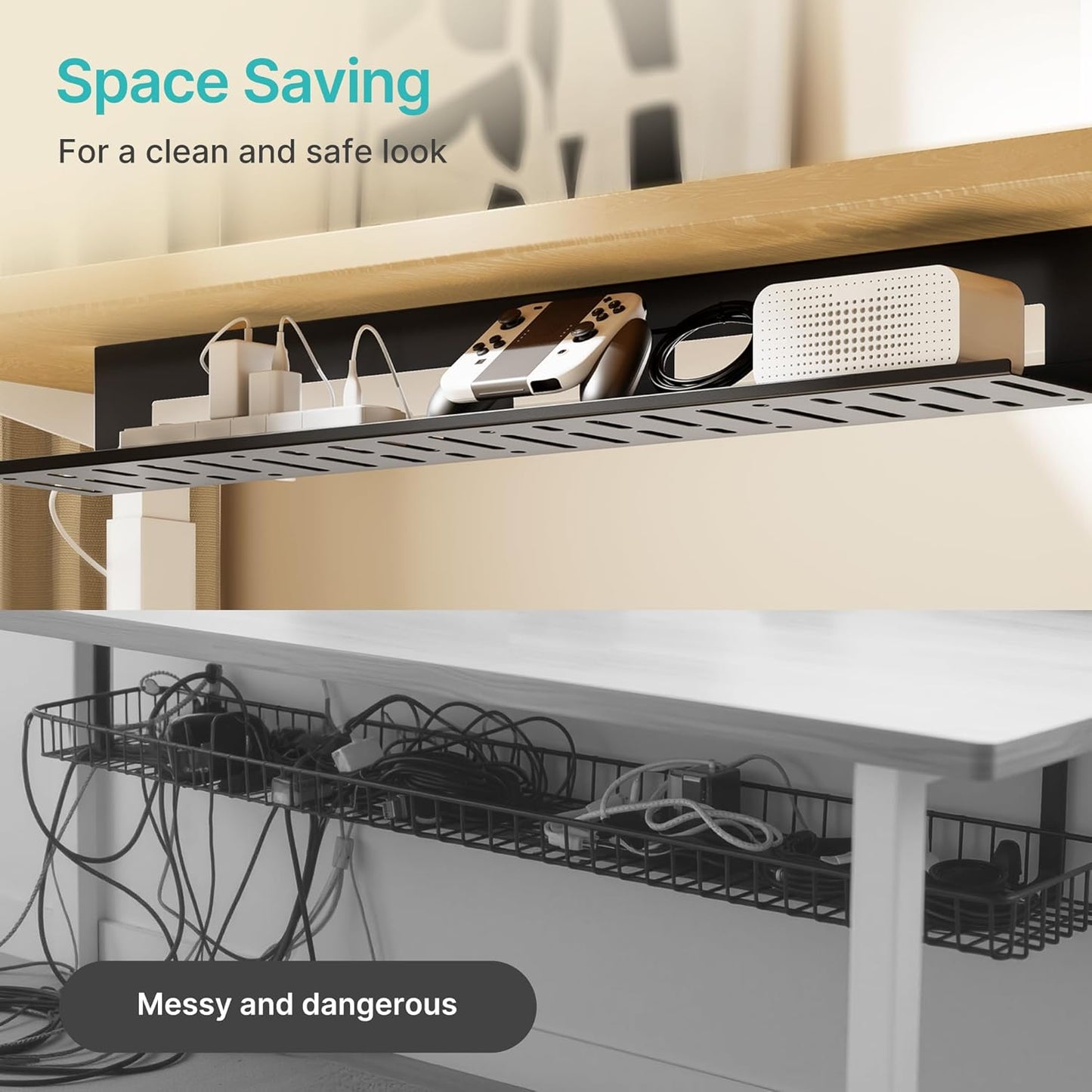 Under Desk Cable Management Tray, 31.5 Inches Metal Cord Organizer Rack, Desk Tray for Power Strip, Cord, Wire, Easy Mounting Cable Management Under Table for Home Office, Black