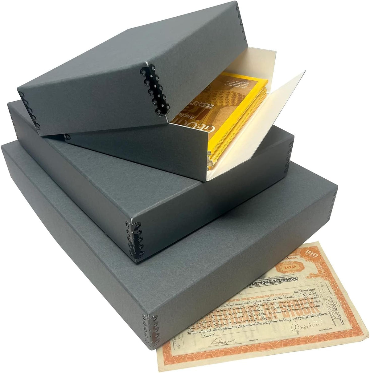 Lineco Museum Archival Storage Box, 8.75x10.75x3 in. Drop Front Design. Acid-Free with Metal Edge. Organize Photos, Pictures, Prints, Documents, Crafts, DIY. Gray, 1 Pack