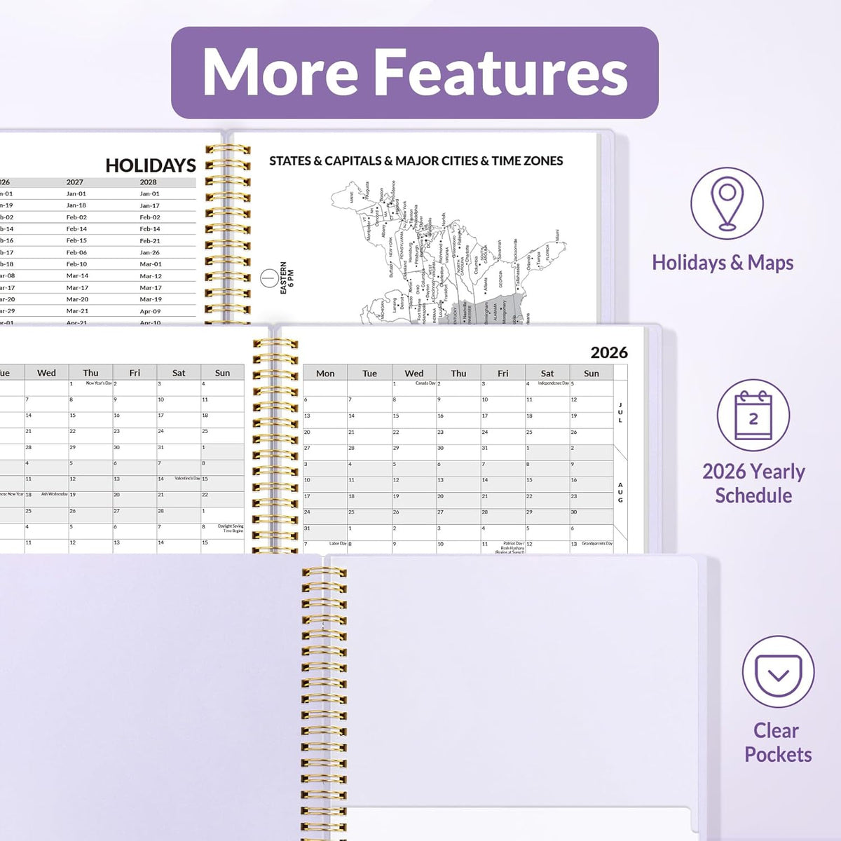 SUNEE 2026 Weekly and Monthly Planner - from January 2026 - December 2026, 8.5"x11" Daily Agenda Planner with Monthly Tab, Flexible Cover, Note Pages, Pockets, Bookmark, Spiral Binding, Purple