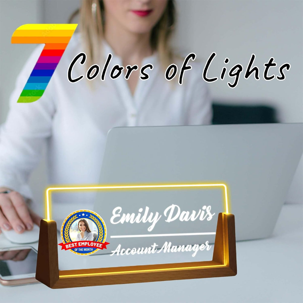 Personalized Desk Name Plate with LED Light & Wooden Base, Custom Acrylic Name Sign | Custom Office Decor & Appreciation Gifts for Boss Coworkers, New Job Promotion Gift (Style 3)