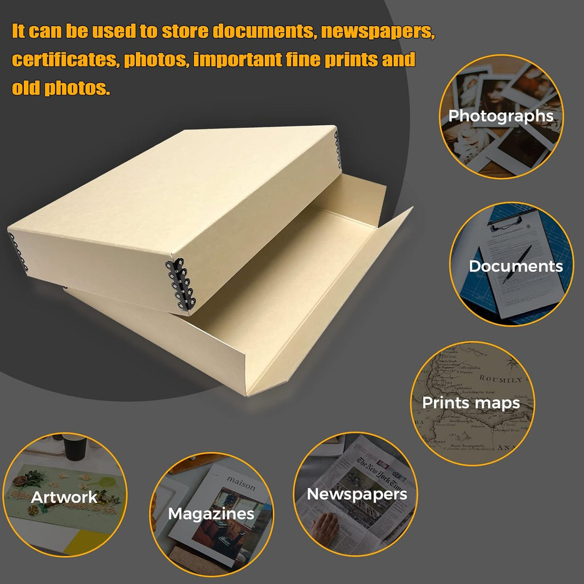 Golden State Art, Archival Storage Box, Acid-Free Drop Front Museum Box with Metal Edge for Storing Artwork Photos Documents Prints Arts and Crafts (Tan-11.75x 15.25x 3 Inches) Pack of 2