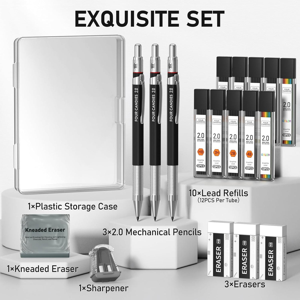 Four Candies 19PCS 2MM Mechanical Drawing Pencils with Case, Metal Art Lead Pencil with 120 Graphite Lead Refills (HB 2H 2B 4B Color), Kneaded Eraser, Sharpener, for Drafting, Drawing, Sketching