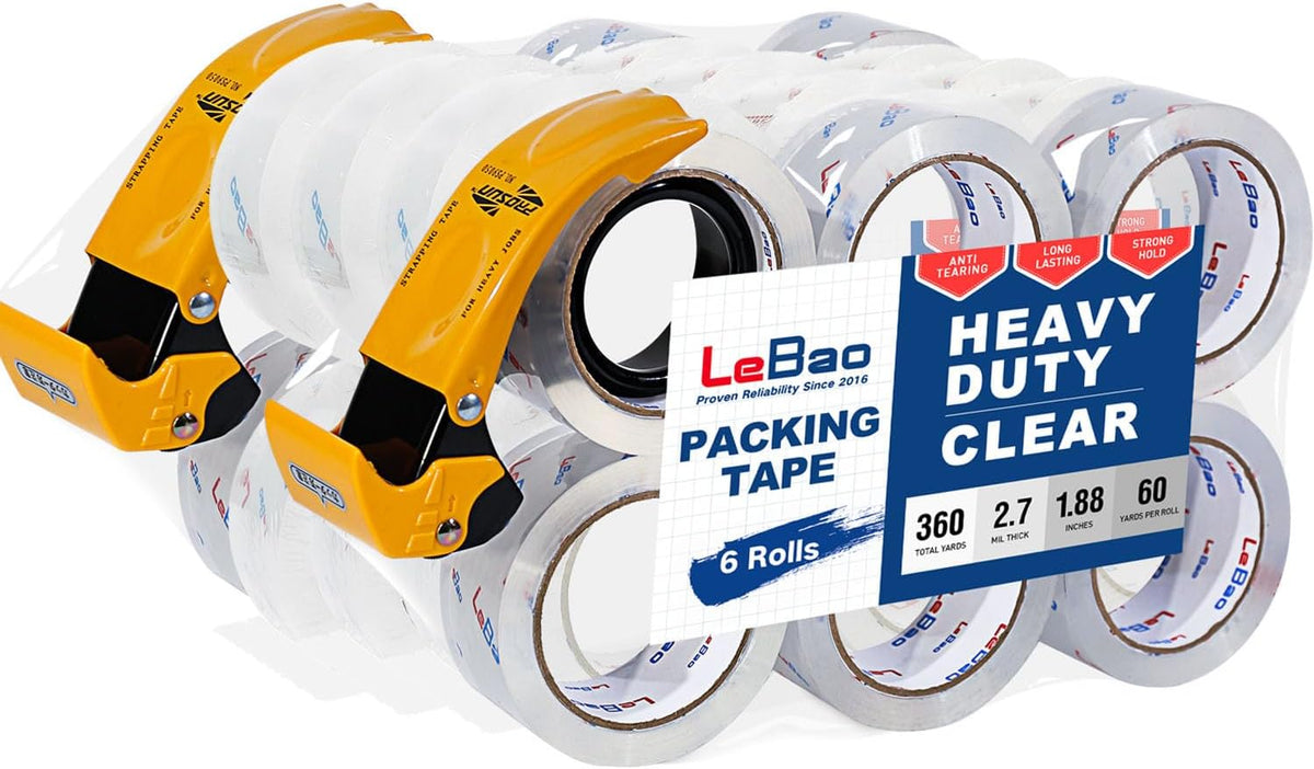 Heavy Duty Packing Tape for Moving Boxes - 1.88" x 360Yds (6 Rolls) Clear Moving Tape for Boxes, Secure Sealing for Cardboard, Bubble Wrap, Shipping Supplies (36, 36Rolls with 2 Metal Dispensers)