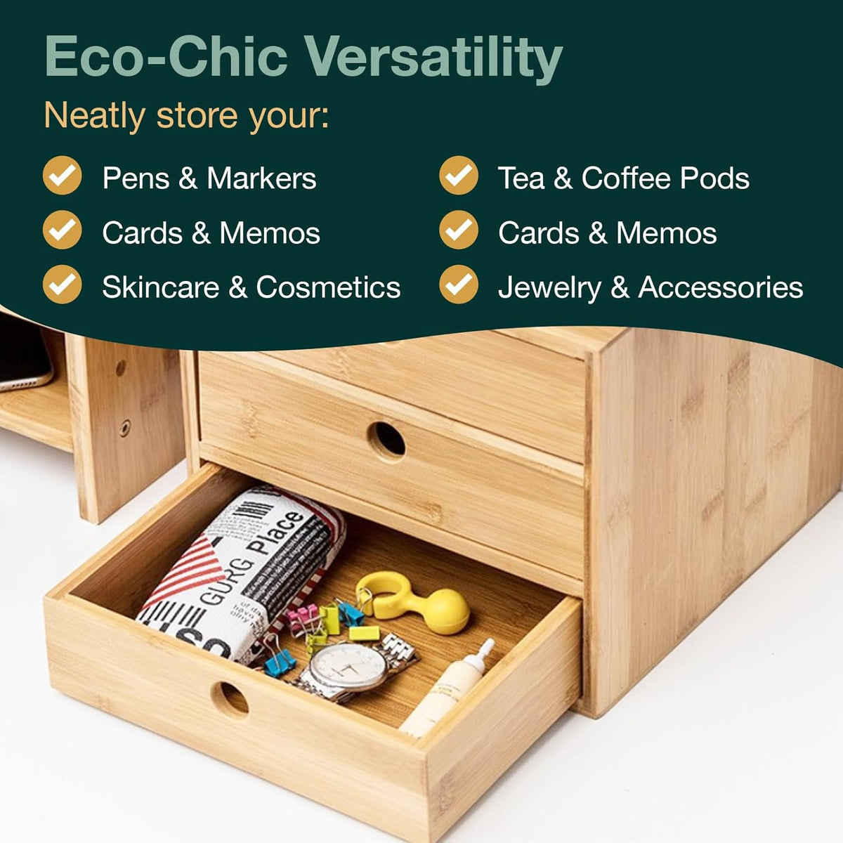 Set of 3 Bamboo Organizer Desktop Drawers - 1, 2, 3 Drawer Storage Organizer Ideal for Desk Accessories, Office Supplies, Makeup Storage & More - Tabletop Wood Box Stackable Drawers