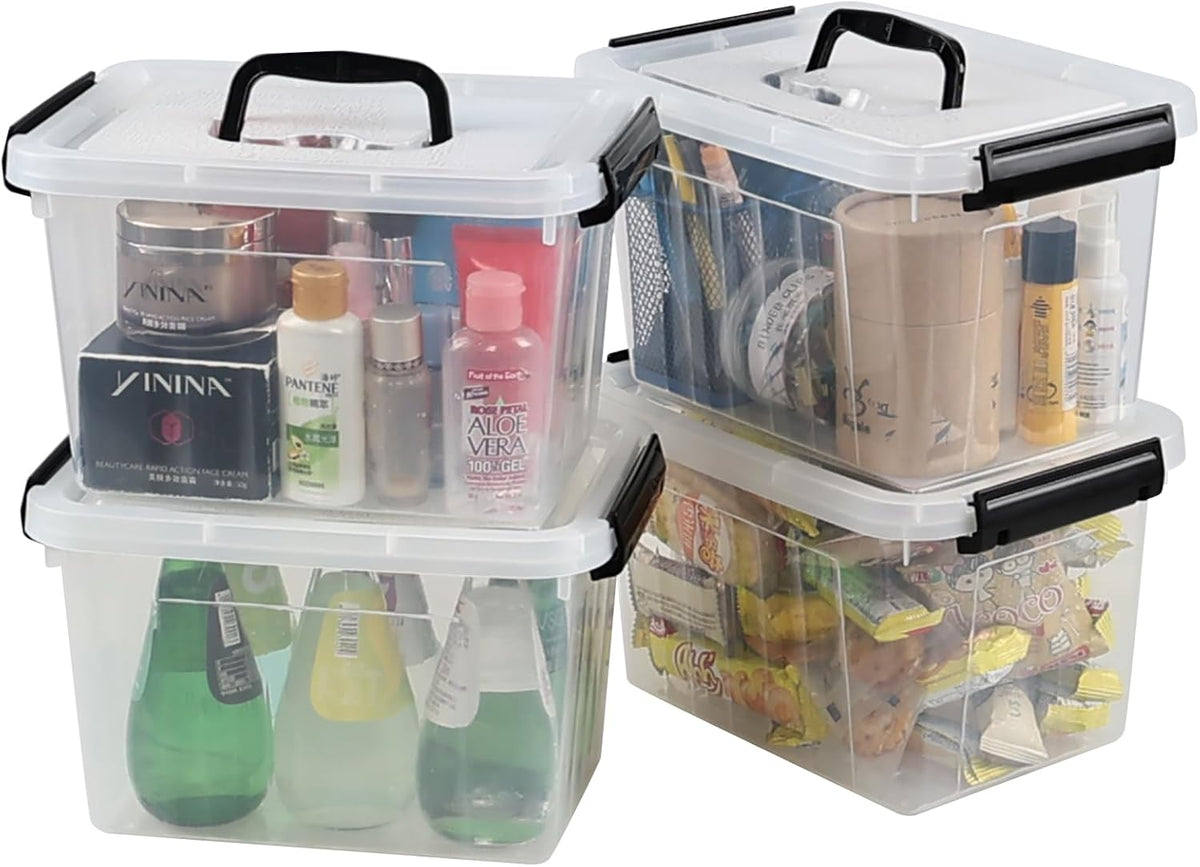 Wekioger 4 Pack 6 Quart Latching Box, Clear Lidded Storage Bins, Small Container with Handle