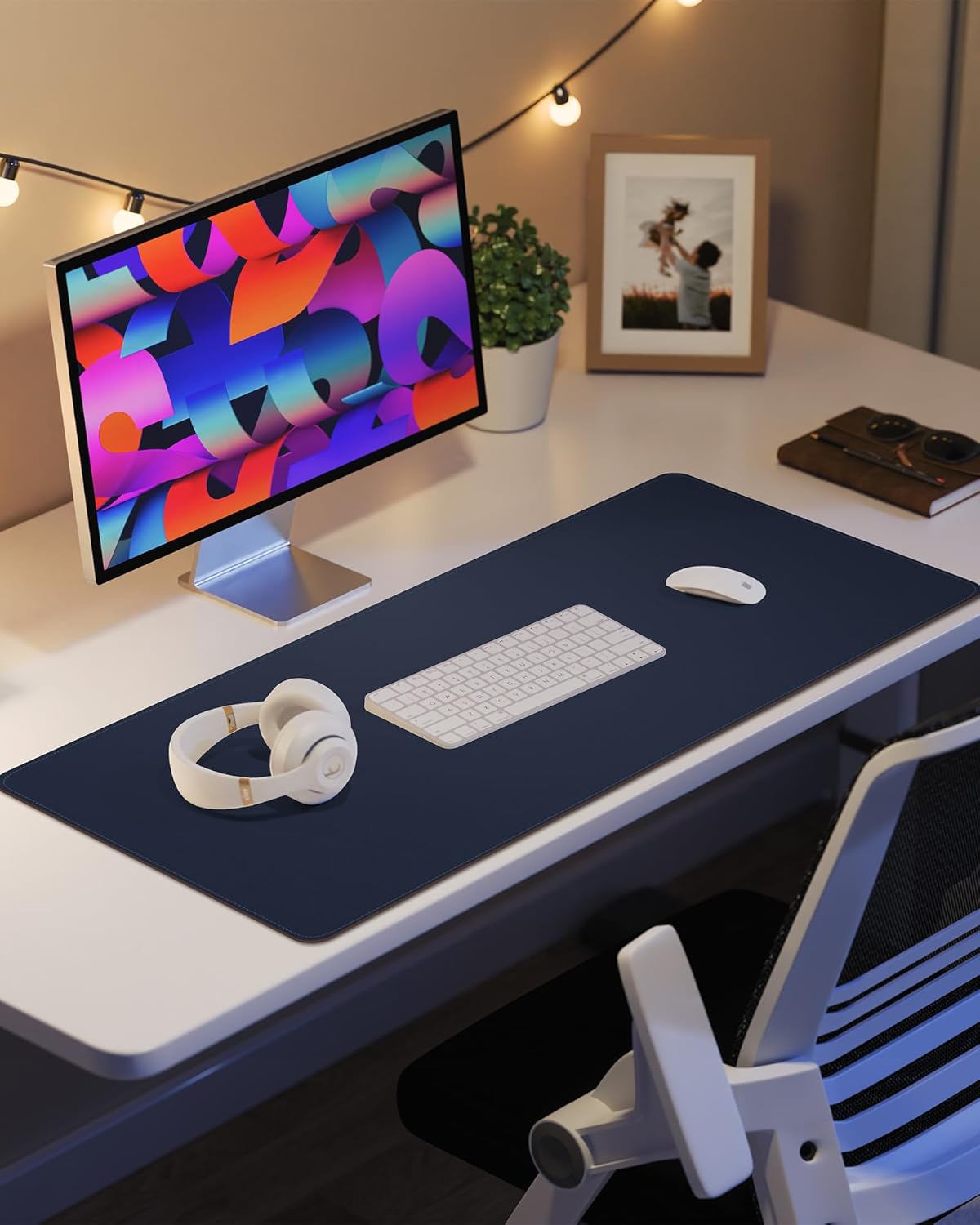 Extra Large Desk Pad Mat - Waterproof Mouse Pad & Desk Protector, Non-Slip XXL PU Leather Gaming Mat for Keyboard/Mouse, Stitched Edge with Ergonomic Support, 55"x17" (Blue)