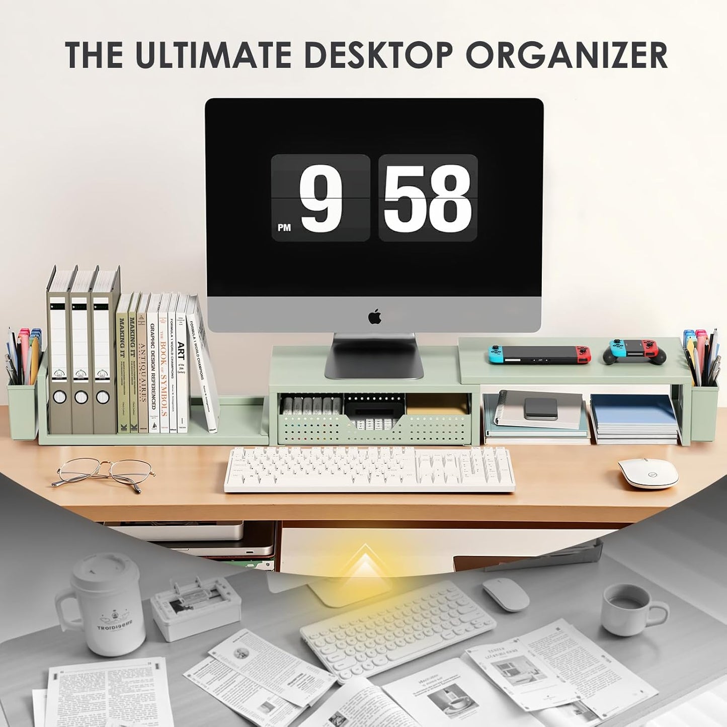Desk Organizers and Accessories, Dual Monitor Stand Riser with Drawer and 2 Pen Holders, Desk Shelf Metal Computer Monitor Stand for Office Workspace Organizers, Desktop Organization (Green)