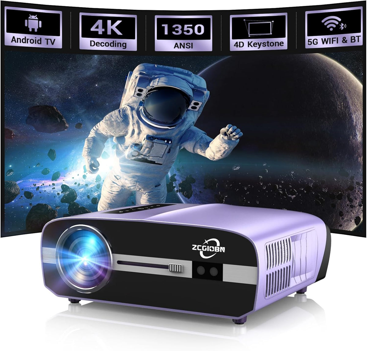 2025 LED Projector 4K Daylight Indoor Movie Gaming Smart Home Theater Projector 5G WiFi 6 Bluetooth with Apps HDMI USB Ethernet Port, 1080P Native, HDR10+, Zoom/4D Keystone/Rear/Ceiling/Room