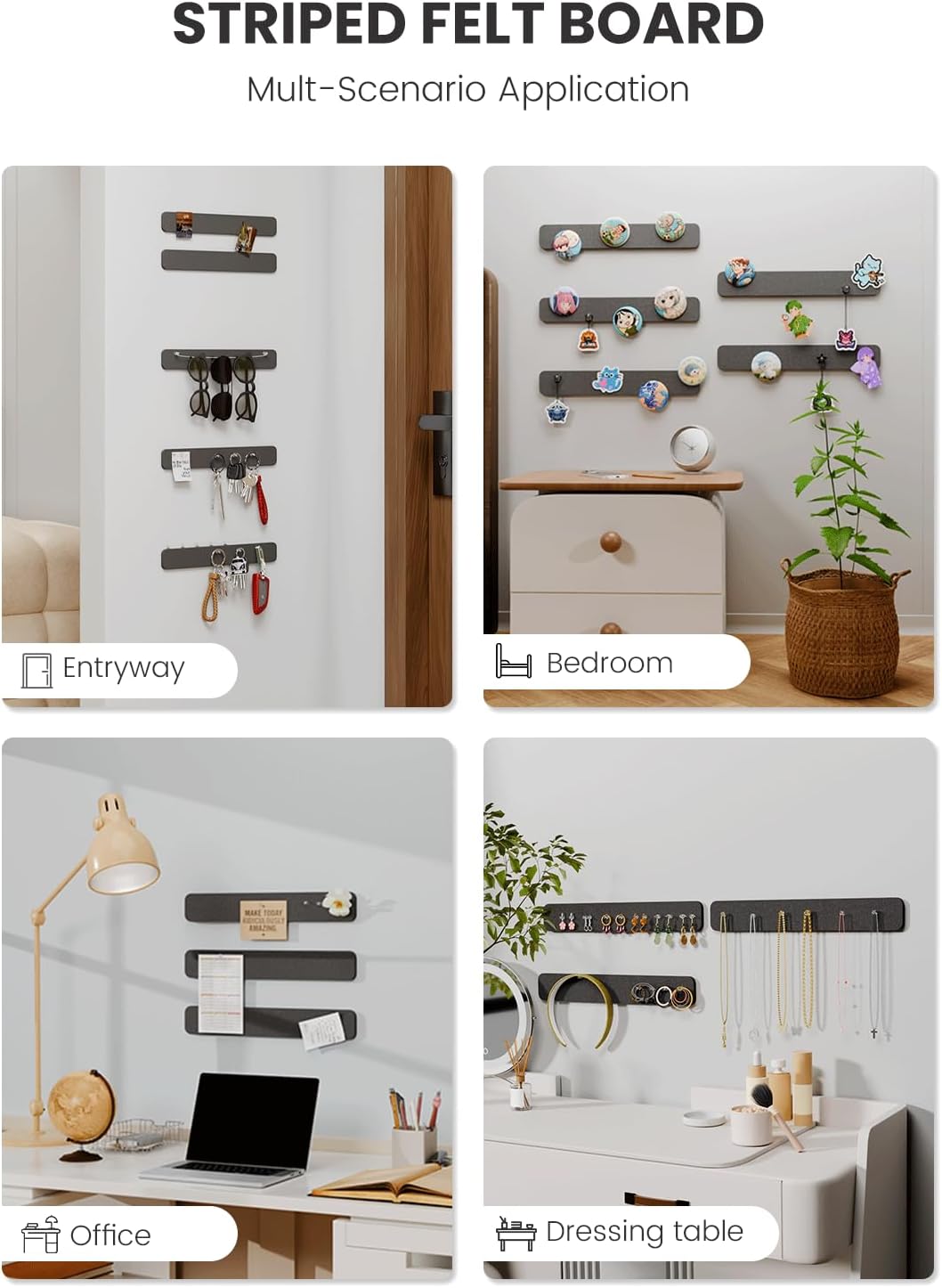 Cork Board Alternative Felt Strip Board 5-Pack 13"x2", Office Pin Board with 35 Push Pins, Adhesive Install for Bedroom Door & Home Office(Charcoal Gray)