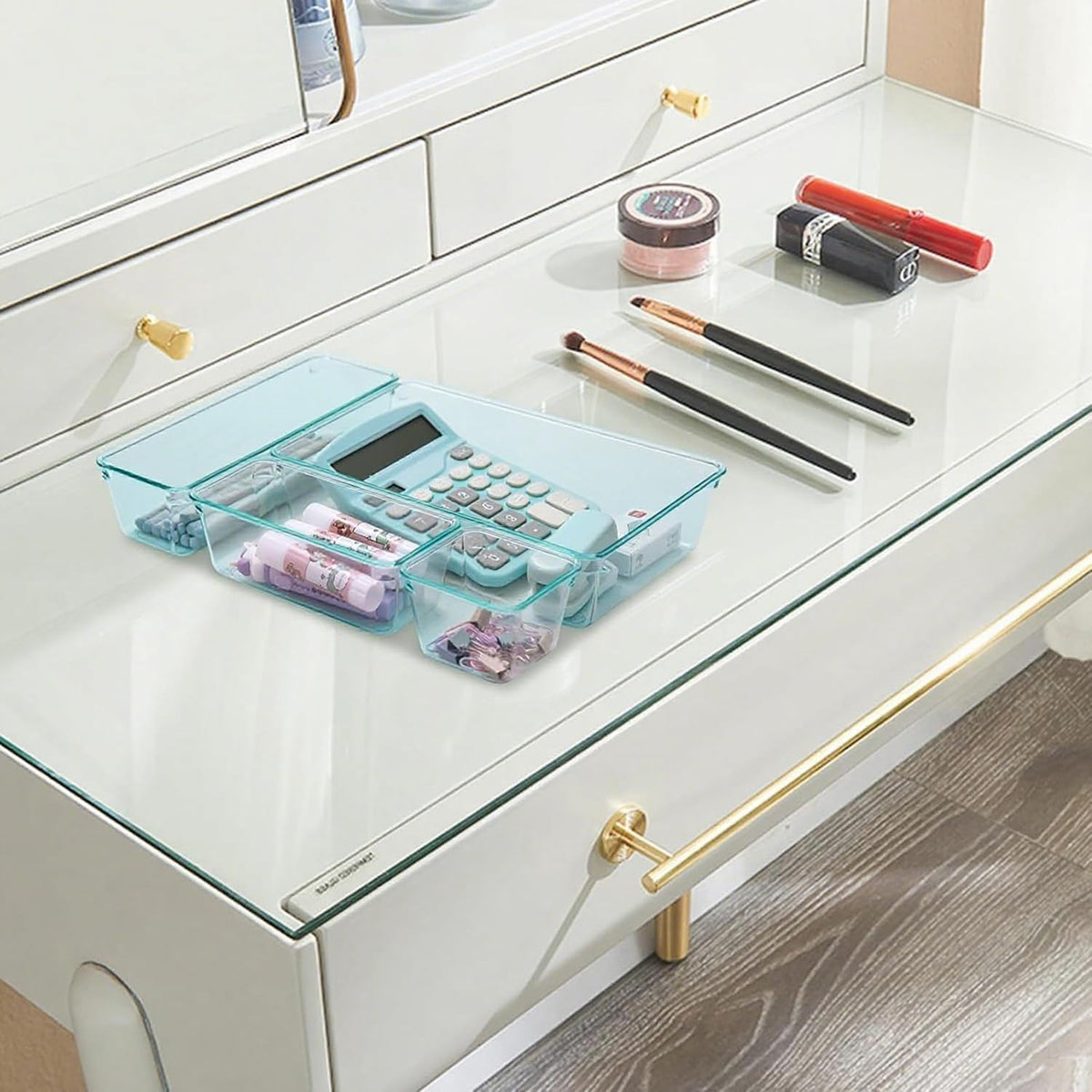 Kitchen Desk Drawer Organizers Storage for Office, Small Acrylic Vanity Trays Makeup Organizer for Drawer Bathroom Plastic Make up Organizers 25 Pcs Clear Blue