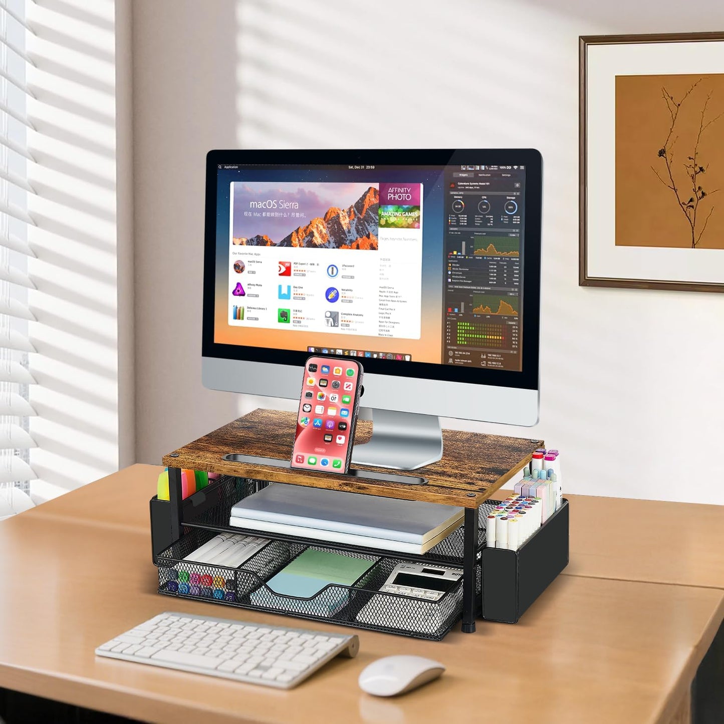 Wood Desk Organizers and Accessories, 2-Tier Computer Monitor Stand Riser with Drawer, Pen Storage & Phone Holder, Office Desk Accessories, Workspace Desktop Organization for Office Supplies(Brown)