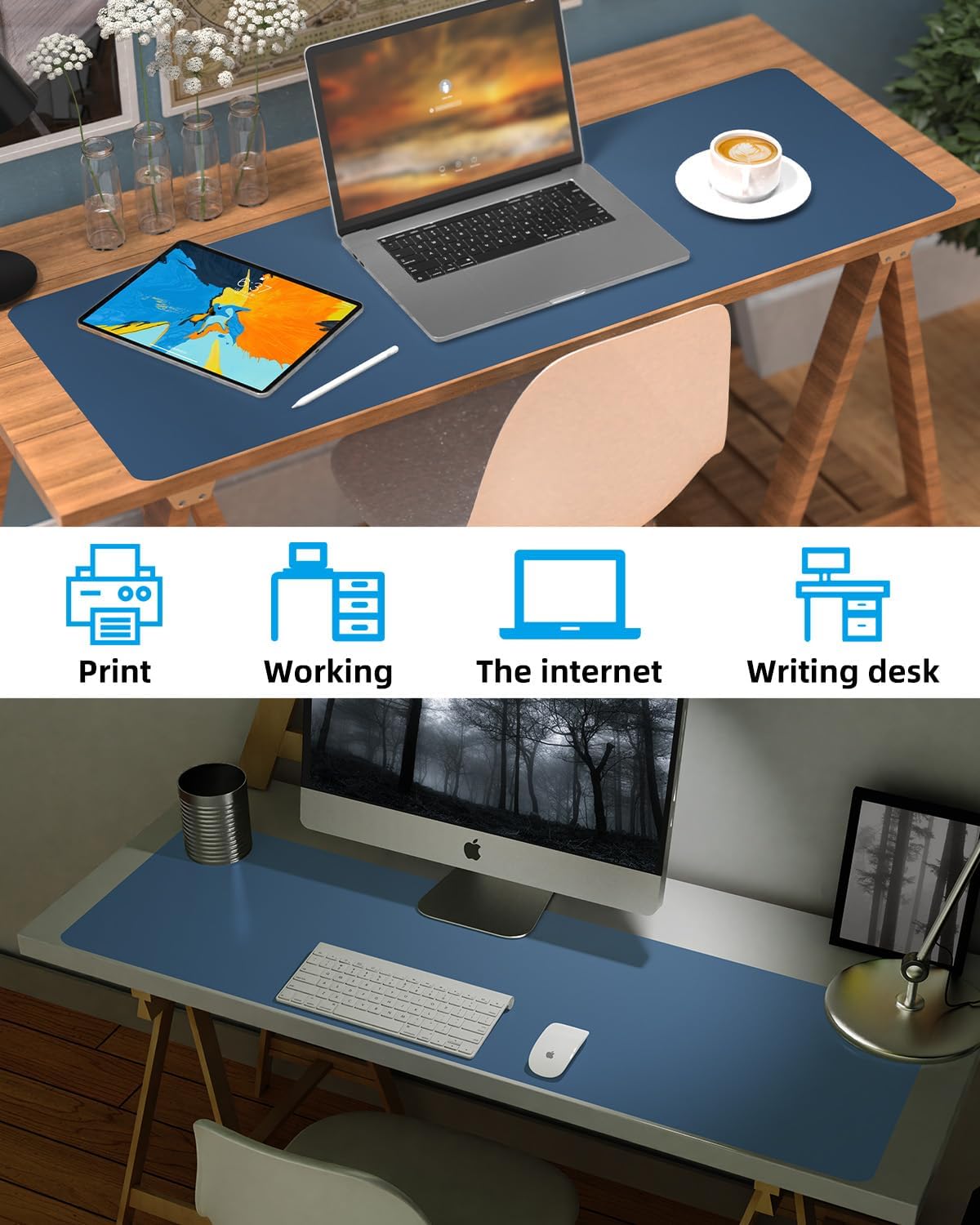 Desk mat Large, Leather Desk Pad Protector,Office Desk Mat,Mouse Pad, Non-Slip Desk Blotter, Laptop Desk Pad, Waterproof Desk Writing Pad for Office&Home (Grey Blue, 48" x 24")
