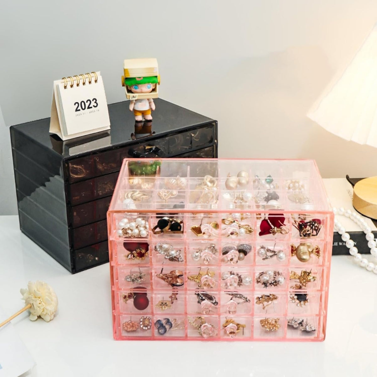 Feadily Acrylic Jewelry Organizer Box, Jewelry Drawer Organizer With 5 Drawers 120 Grids, Black