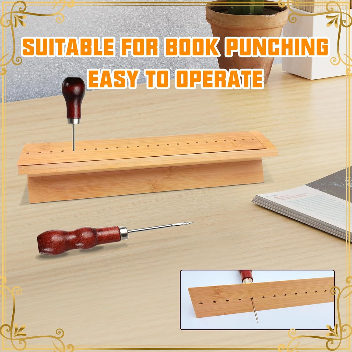 Bamboo Book Binding Cradle with 2 Awls Wood Bookbinding Punching Cradle with Piercing Guide Portable Book Binding Tools Book Binding Kits Bookbinding Supplies for Book DIY Crafts