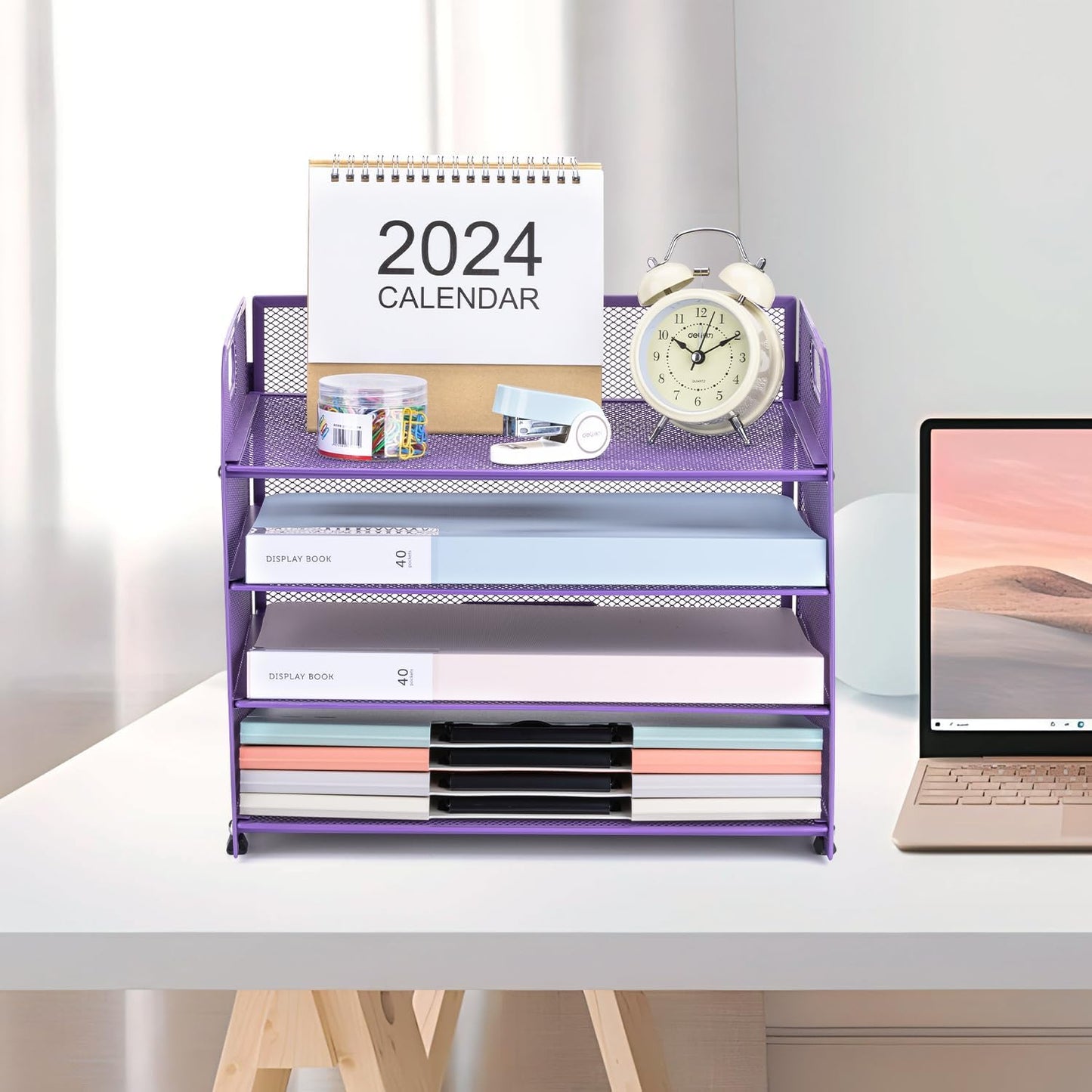 4-Tier Desk Organizer Paper Tray, Desk File Organizer with Handle, Mesh Desk Organizer Letter File Stackable Trays for Home Office Supplies and Accessories - Purple