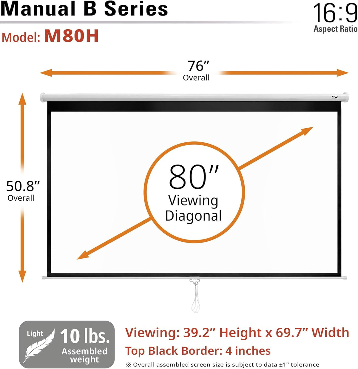Elite Screens Manual B, 80-INCH Manual Pull Down Projector Screen 4K/8K Home Theater Movie Gaming Projection Screen, M80H