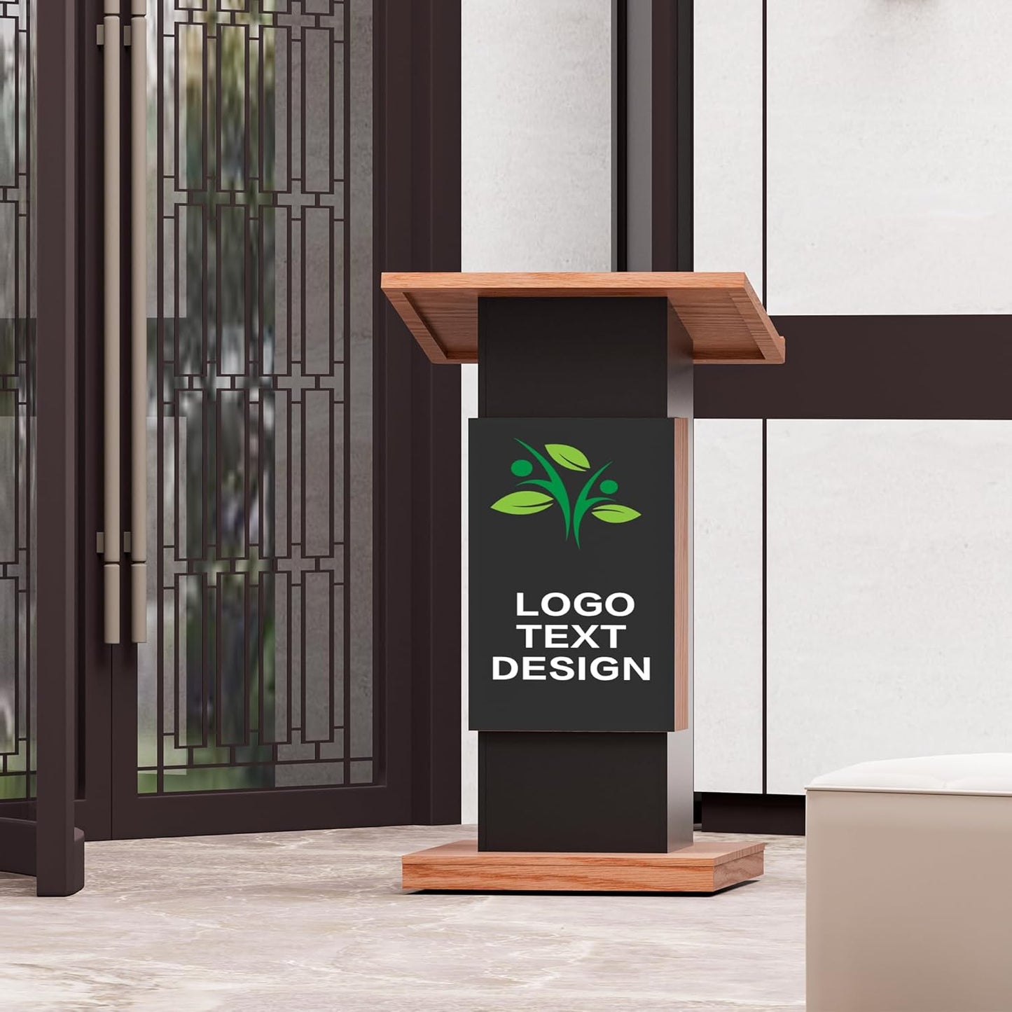 Customizable Logo & Text Podium Stand,Wood Lectern with Lockable Wheels,Church Pulpit with Storage,Mic Stand Space,Wooden Podium for Churches,Seminars and Schools (black)