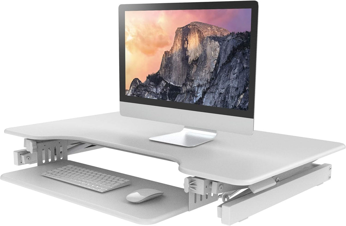 Rocelco 40" Large Height Adjustable Standing Desk Converter with Anti Fatigue Mat BUNDLE - Quick Sit Stand Up Computer Workstation Riser - Retractable Keyboard Tray - White (R DADRW-40-MAFM)