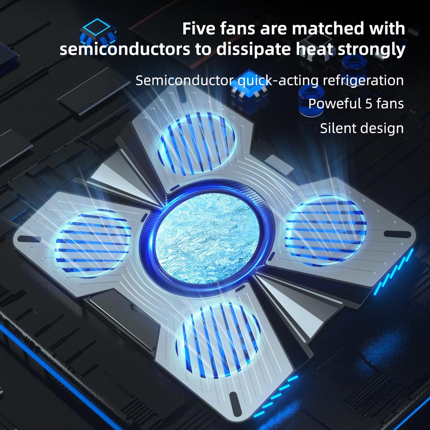 Thermoelectric Laptop Cooling Stand with 5 Fans - Adjustable Height for Laptops up to 19", Compatible with MacBook, Alienware, ROG & Gaming Laptops