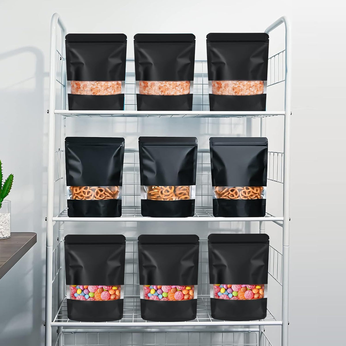 100 Pack Smell Proof Bags, Resealable Food Storage Bags with Clear Window, Stand Up Smell Proof Mylar Bags Self Seal Foil Pouches for Food Storage Packaging (Black, 4.7x 7.87 Inch)