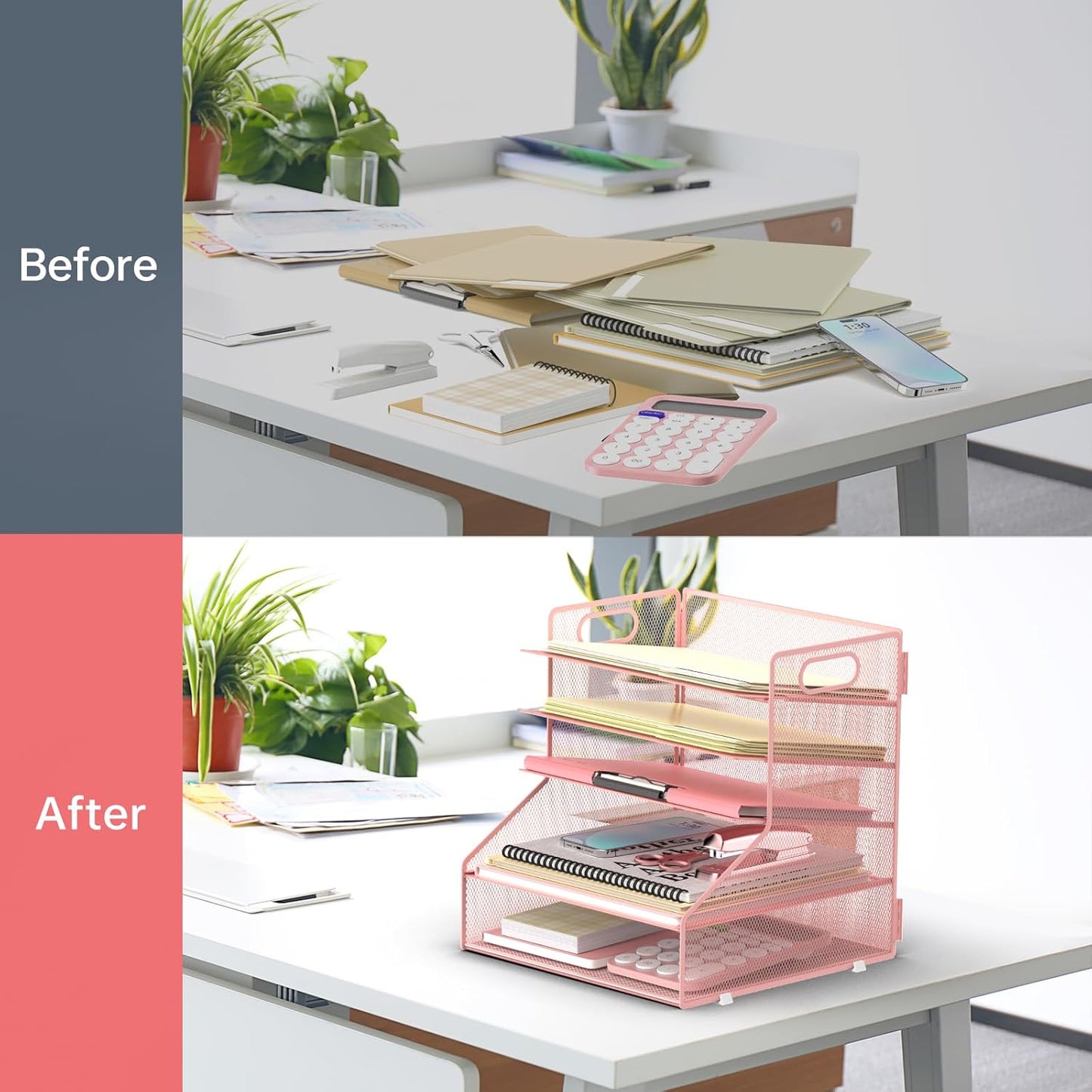 SUPEASY 5-Tier Desk File Organizer, Metal Letter Paper Tray, Desk Organizers and Accessories for Home Office Supplies, Pink