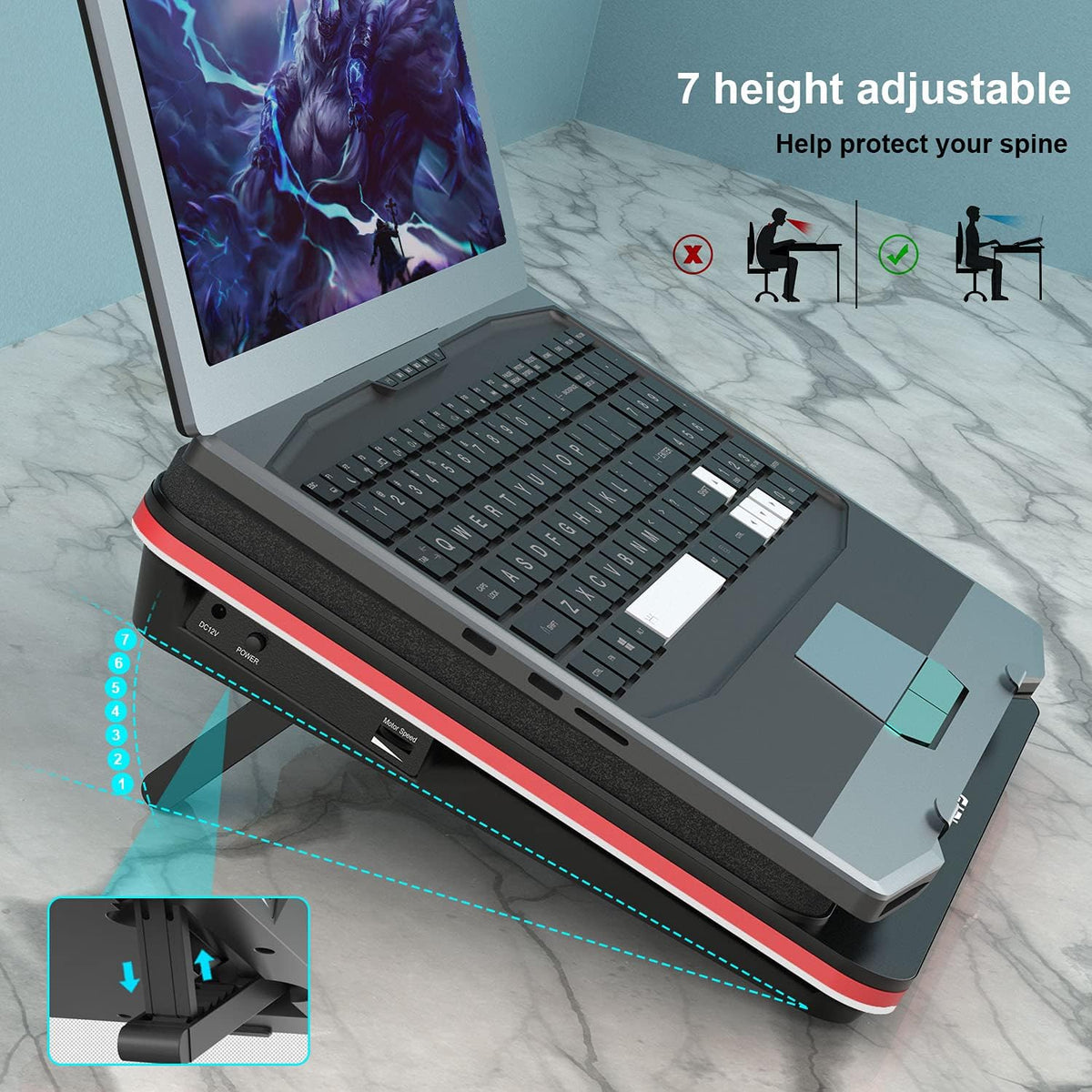 GT500 Powerful Turbo-Fan (5000 RPM) Laptop Cooling Pad with Infinitely Variable Speed,Seal Foam for Rapid Cooling Gaming Laptop,13-17.3inch Laptop Cooler with 3-Port USB Hub