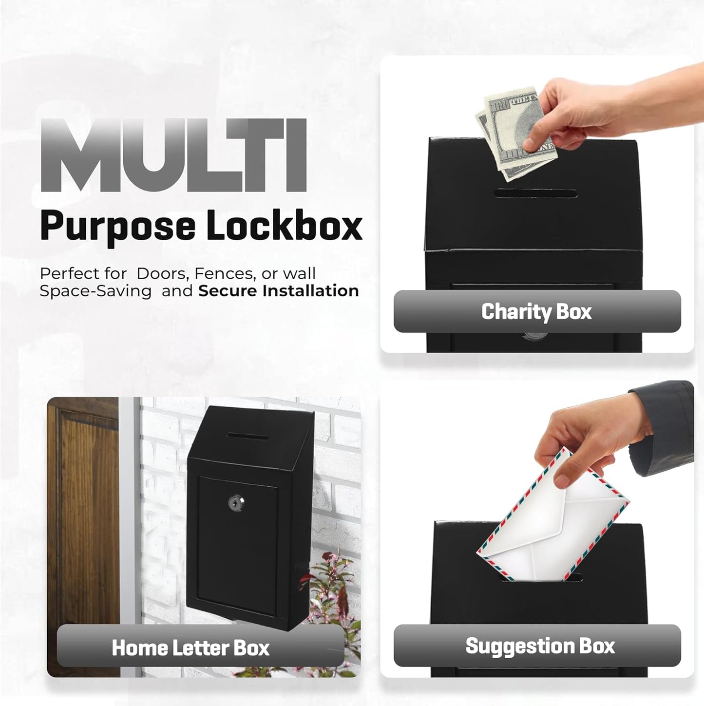 Metal Donation Box-Suggestion Box with Slot and lock-Cash Lock box for Money-Secure Drop Box-Comment and ballot voting box-comes with pre-drilled holes for easy wall mounting 10 X 6 X 2.5"(Black)