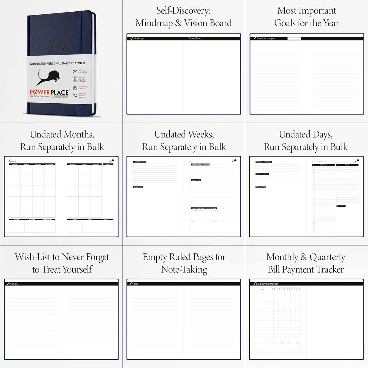 Undated Day Planner & Calendar – 6-Month Life Organizer for Productivity, Time-Management & Focus | 24-Hour Hourly Agenda for Men & Women, Vegan Leather Hardcover (Blue)