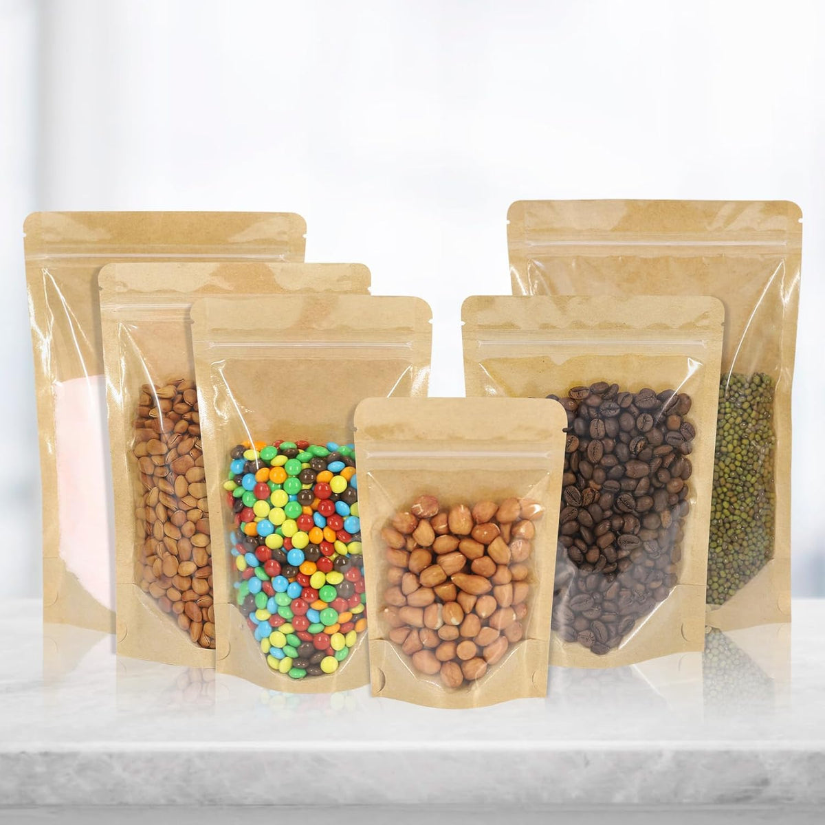 100 PCS Resealable Bags, Stand Up Kraft Bags with Window Clear Front Pouches, Zipper Lock Food Storage Bags 7.87Γ11.81 Inch Reusable Sealable Bags for Packaging