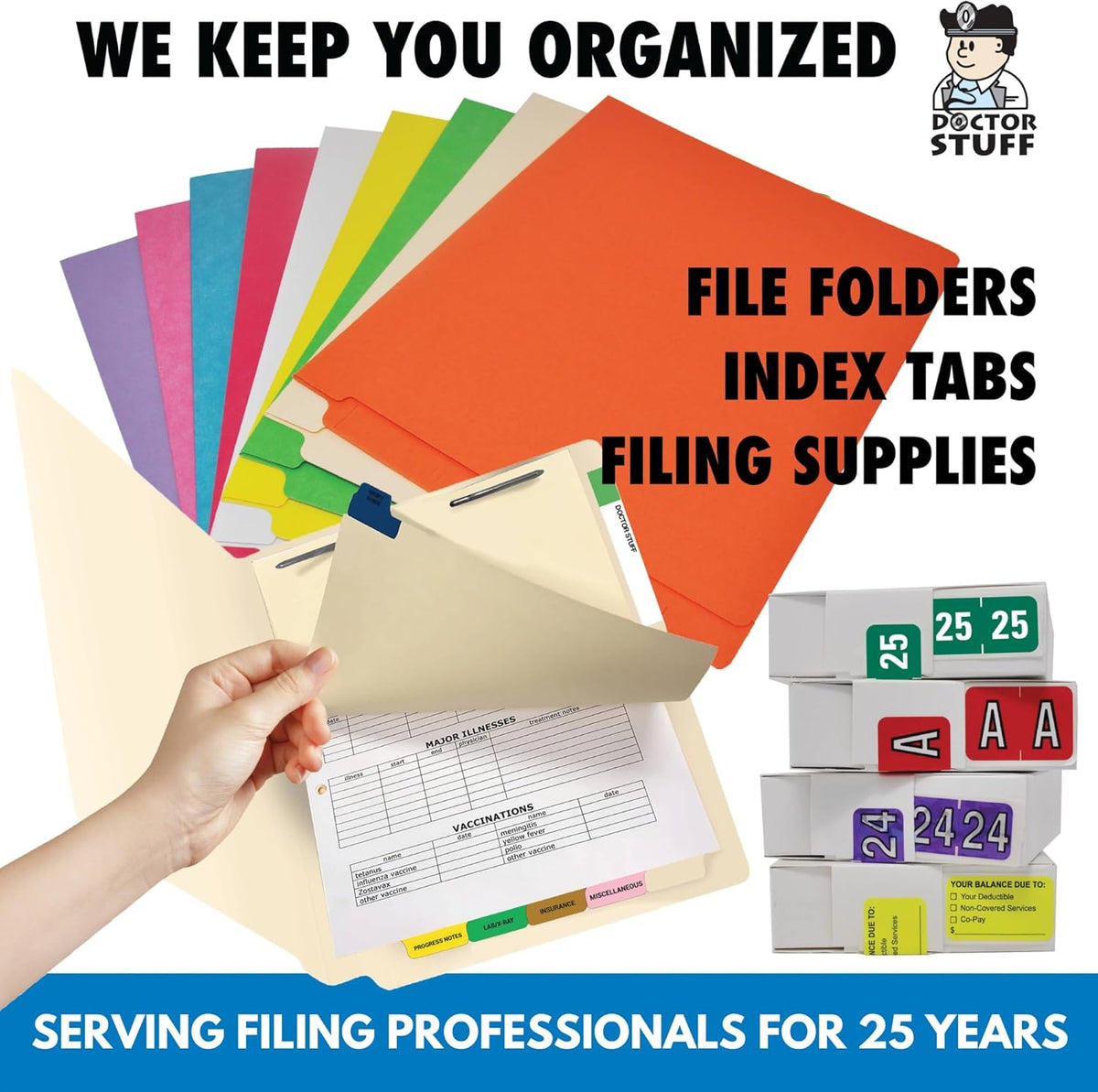 Doctor Stuff - File Folder Labels, Alphabet Letter, Complete Set A - Z, with Tray, Compatible with Smead Alpha-Z Acc/ACCS - SMAM Series Alpha Stickers 1-5/8" x 1β, 26 Rolls, 250/Roll