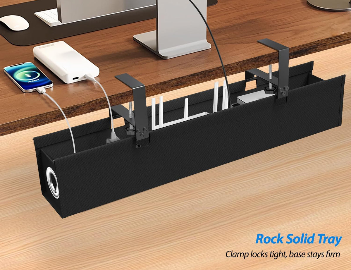 Under Desk Cable Management Tray, Premium Oxford Fabric Desk Cable Organizer with No-Drill Installation, Large Capacity Clamp/Screw Mount Wire Management Tray for Home Office Study