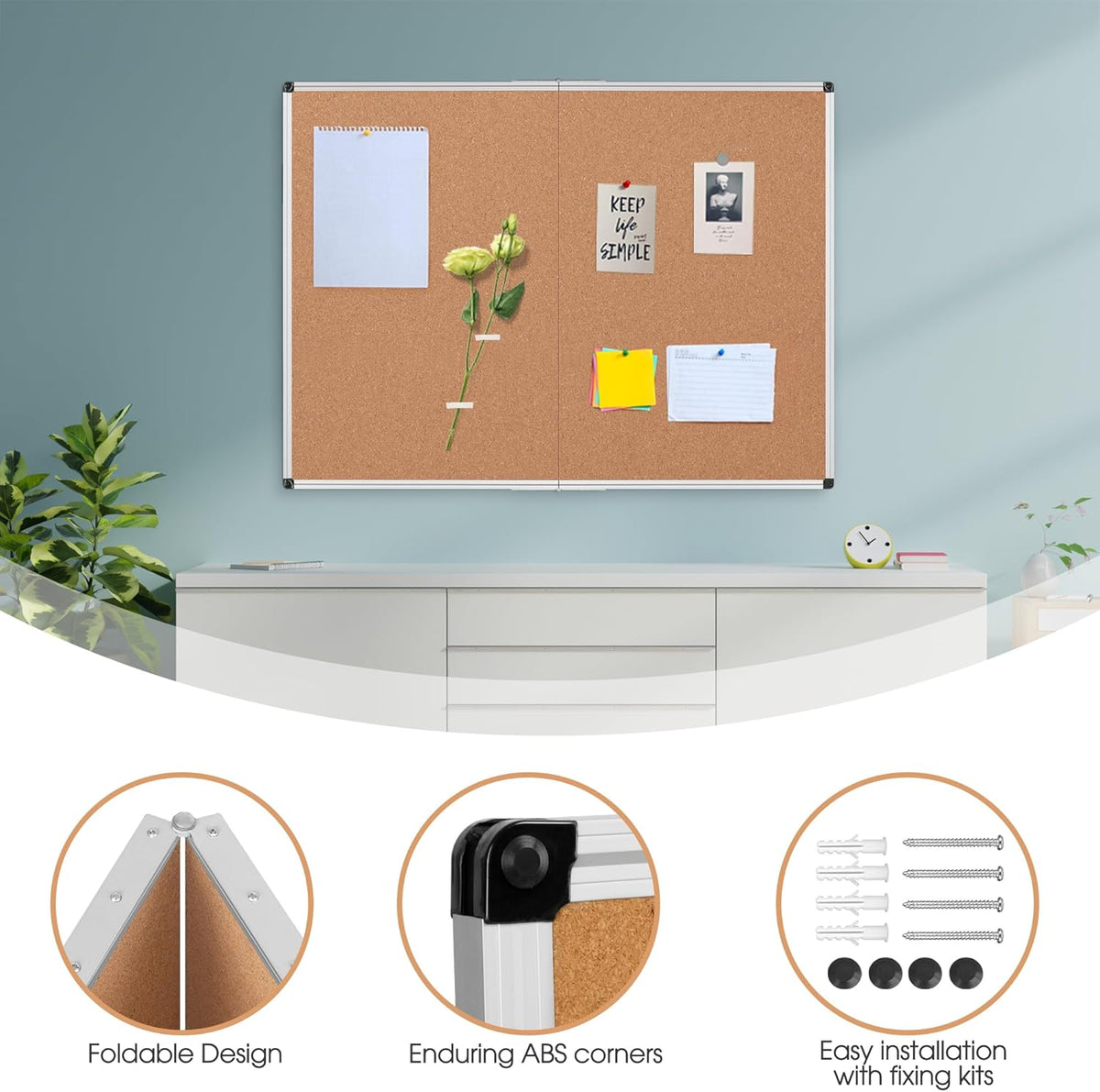 Board2by Cork Board Bulletin Board 36 x 48, Silver Aluminium Framed 4x3 Corkboard, Foldable Office Board for Wall, Large Wall Mounted Notice Pin Board with 36 Push Pins for School, Home & Office