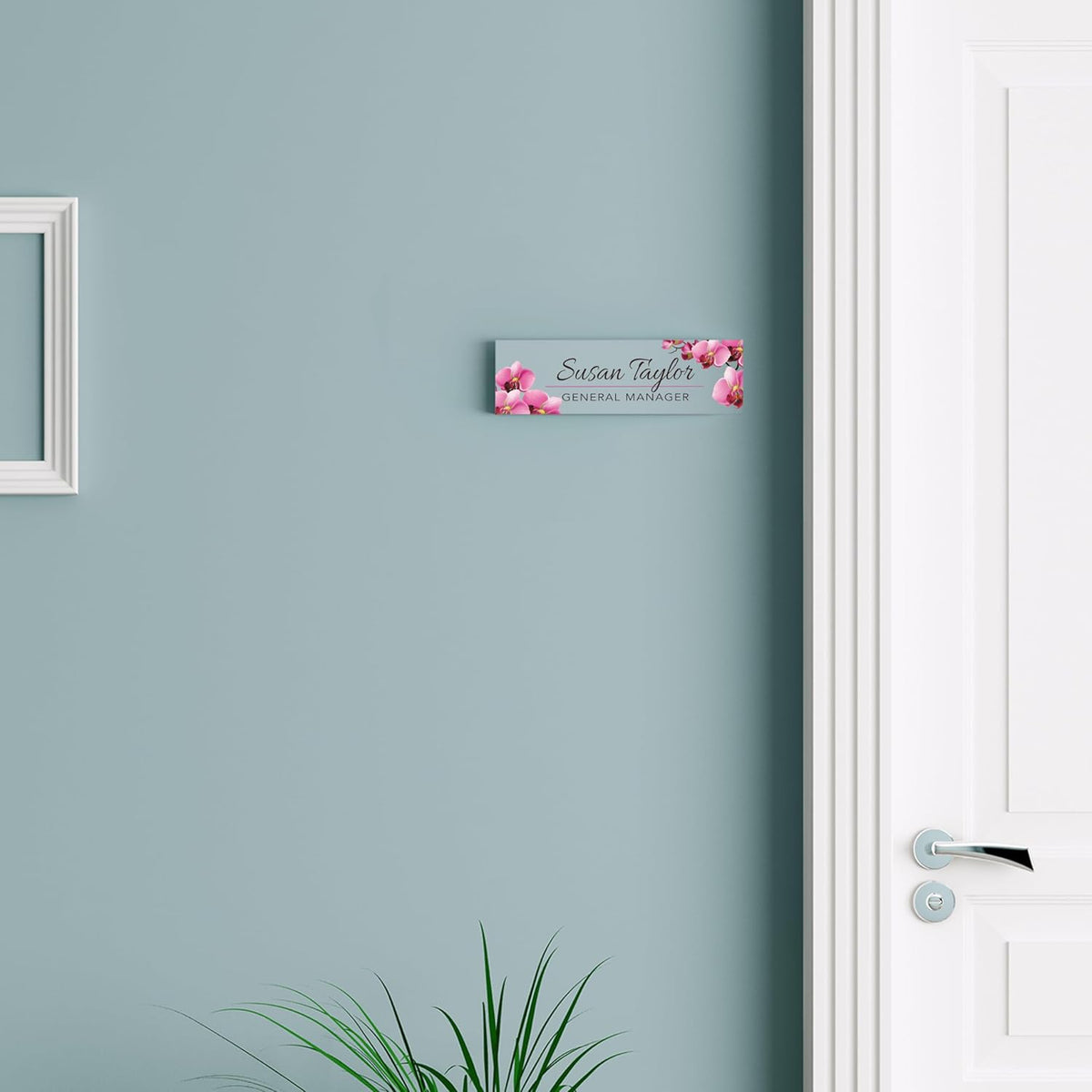Artblox Office Personalized Name Plate for Desk with Business Card Holder On Clear Acrylic Glass Orchids Flowers Design Custom Desk Name Plate with Your Name and Credentials Customized Gift