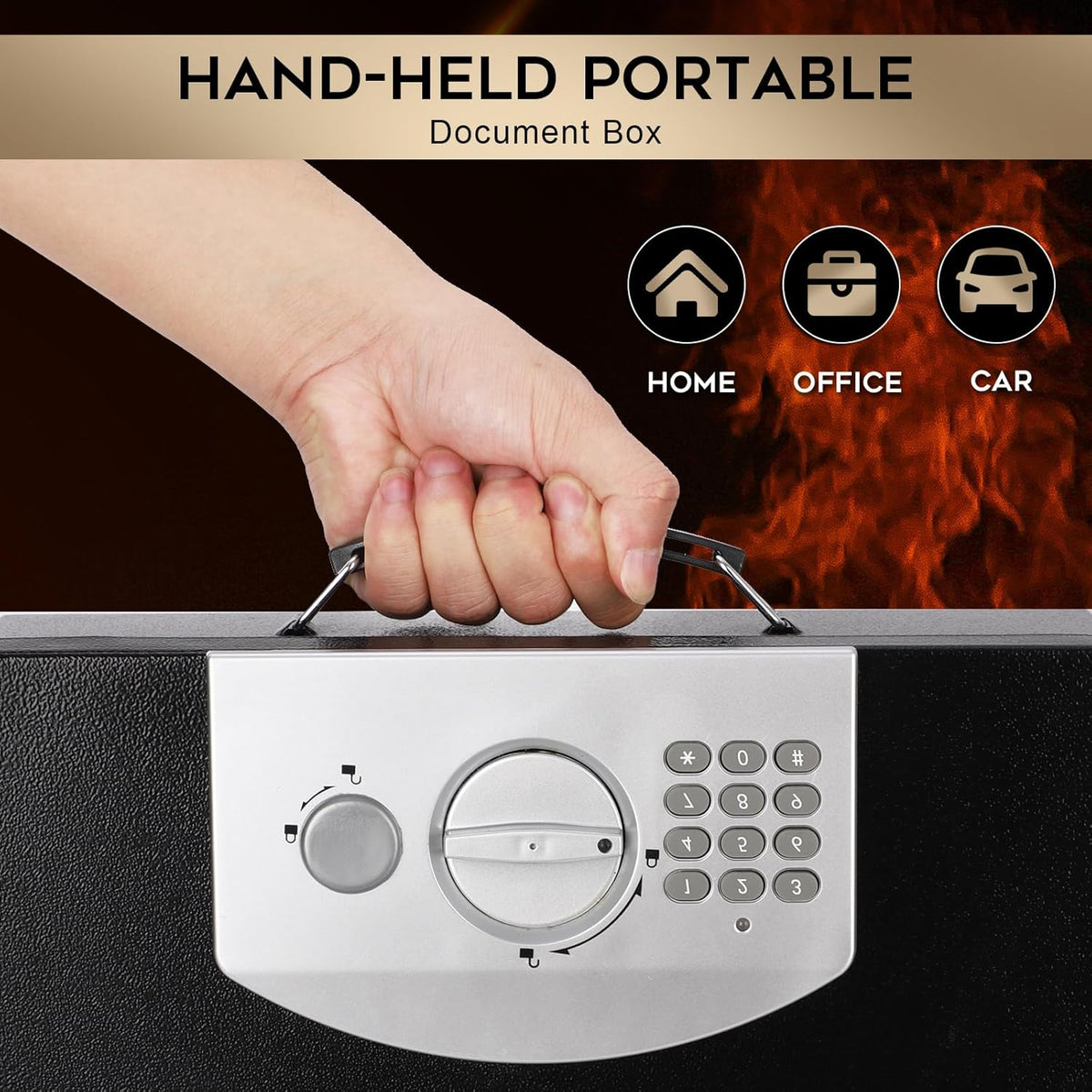 Dalmbox Portable Metal Safe Box with Digital Code Lock,Fire Resistant Storage for Documents, Fireproof Safe Box, Car, Home, Office and Outside, Black Box, Medium