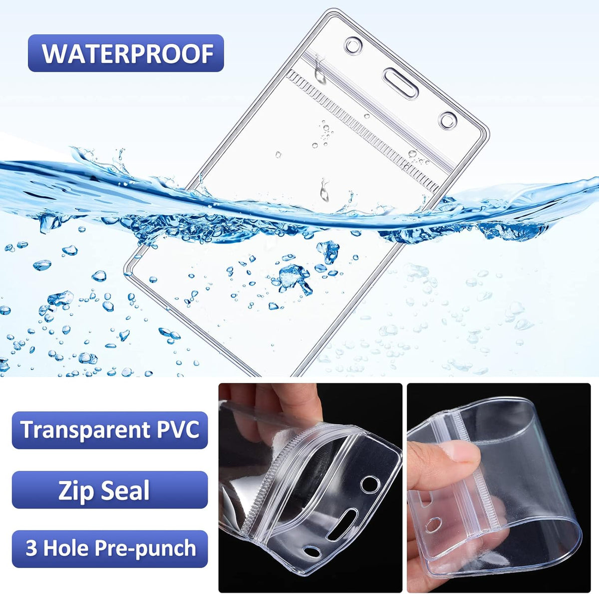 Marspark 200 Pcs Name Tag Lanyards with ID Holder Lanyards for ID Badges Resealable Flat Neck Name Tag with Clip Waterproof Plastic Clear Badges Bulk for School Office Supplies (Blue)