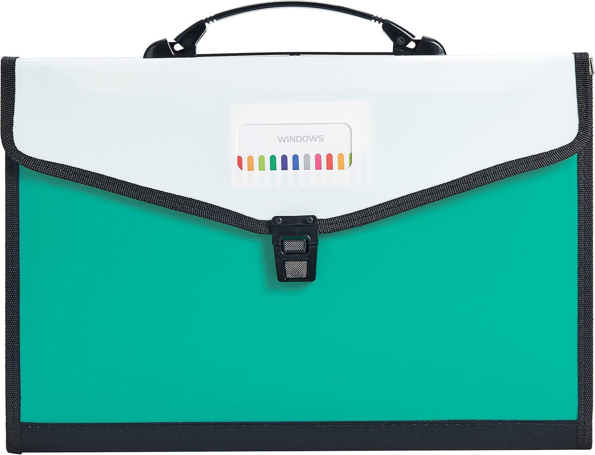 Leagl Size 13-Pockets Expanding File Folder with Handle, Plastic Accordion Filling File Folder Expandable Monthly Portable Paper Document Organizer for Office School & Home (Green)