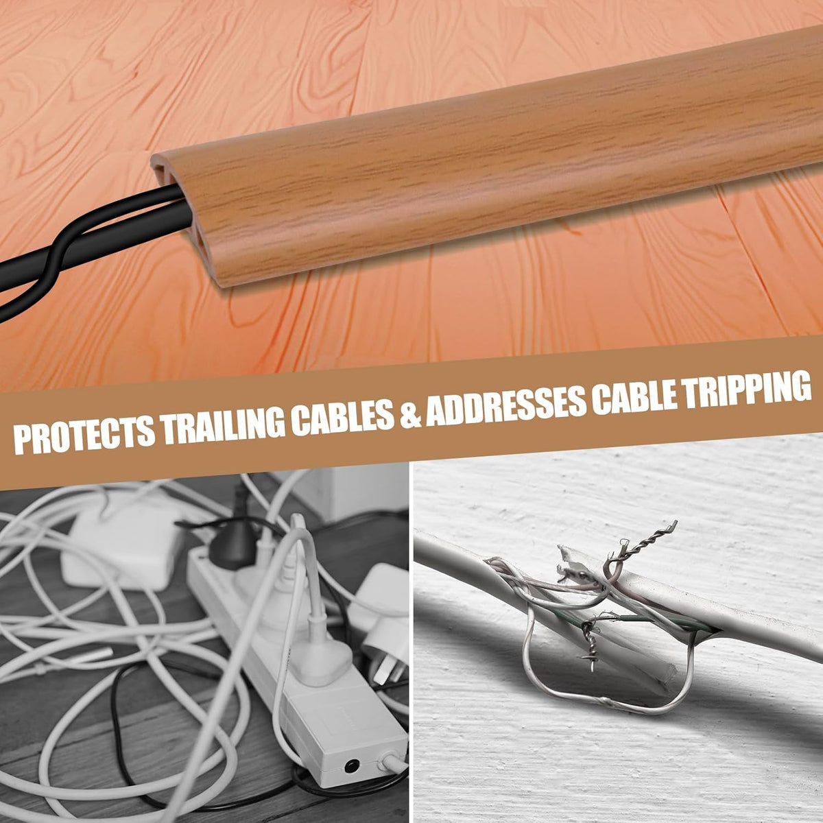 Floor Cord Cover Self Adhesive Cord Hider,3.3FT Cable Management, Extension Strip Protector for Wires, Prevent Cable Trips for Offices, Gyms, Exhibitions Cavity:0.39"(W) x 0.27"(H) Brown Wood