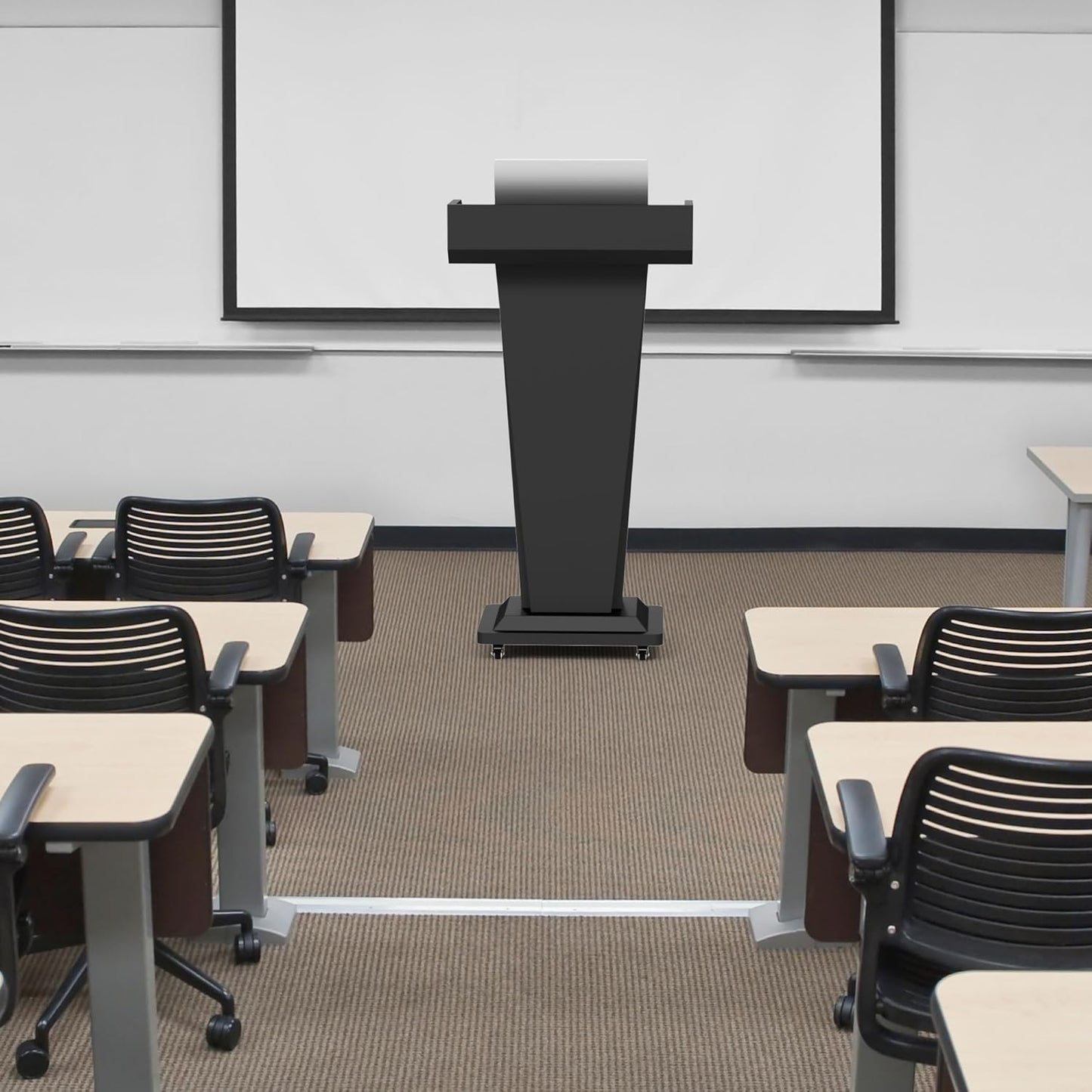 Heavy-Duty Black Metal Podium Stand with Lockable Wheels | Mobile Lectern with Storage Cabinet & Adjustable Height | for Conference Rooms, Churches, Classrooms & Events