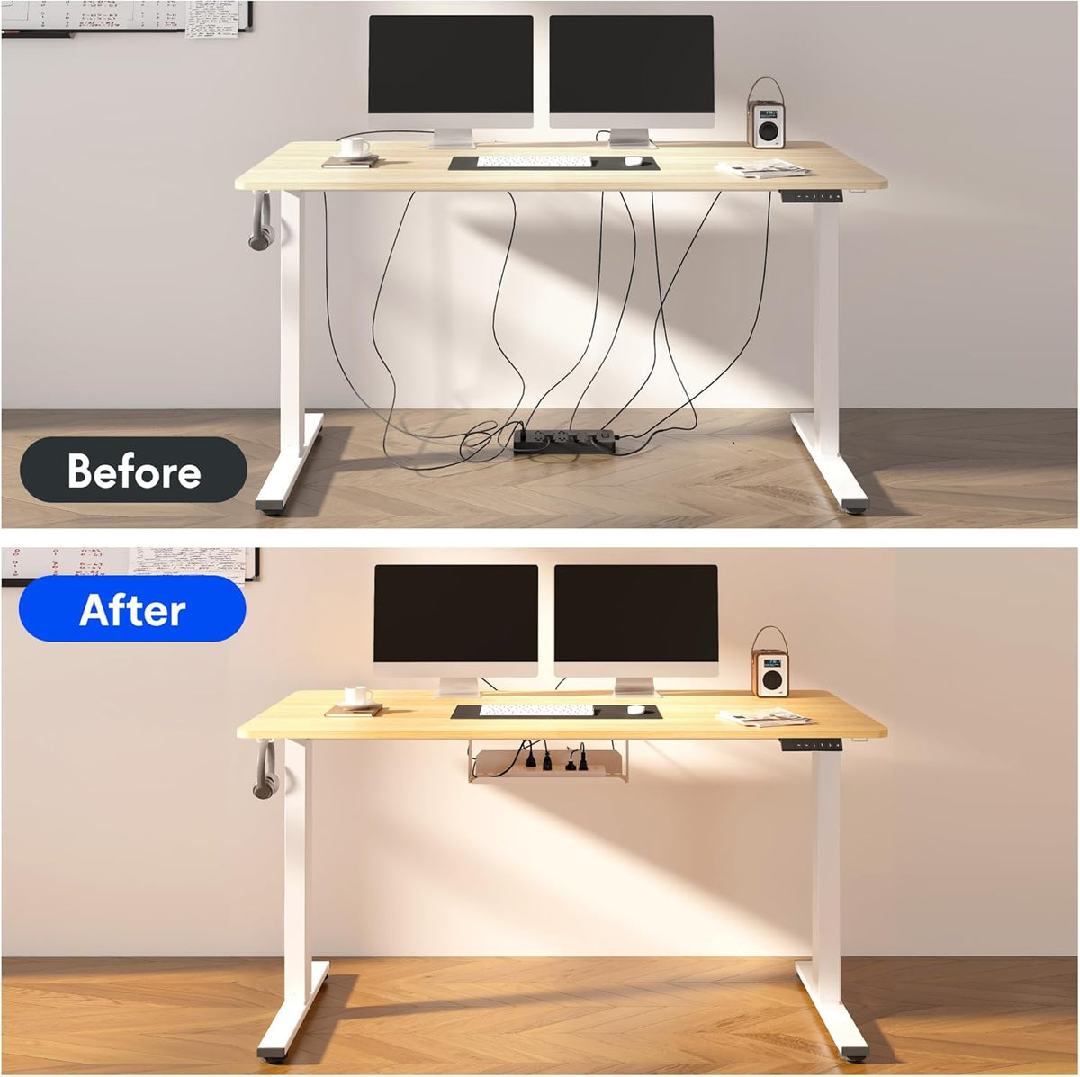 FLEXISPOT EN2 Whole-Piece Standing Desk with Clamp Power Strip, 48 x 30 Electric Stand Up Height Adjustable Desk with Cable Management (Black Frame + 48" Maple Top, 2 Packages)