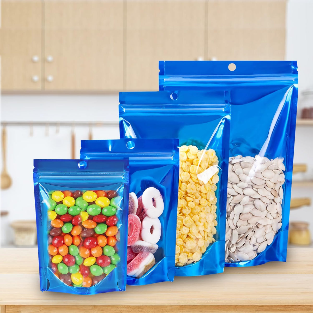 100 PCS Smell Proof Mylar Bags, Resealable Packaging Sealable Bags Stand Up Aluminum Foil Pouch Bags with Clear Window for Food Storage, Jewelry,Cookie,Small Business Packaging (Blue, 6.3 x 9.5 Inch)