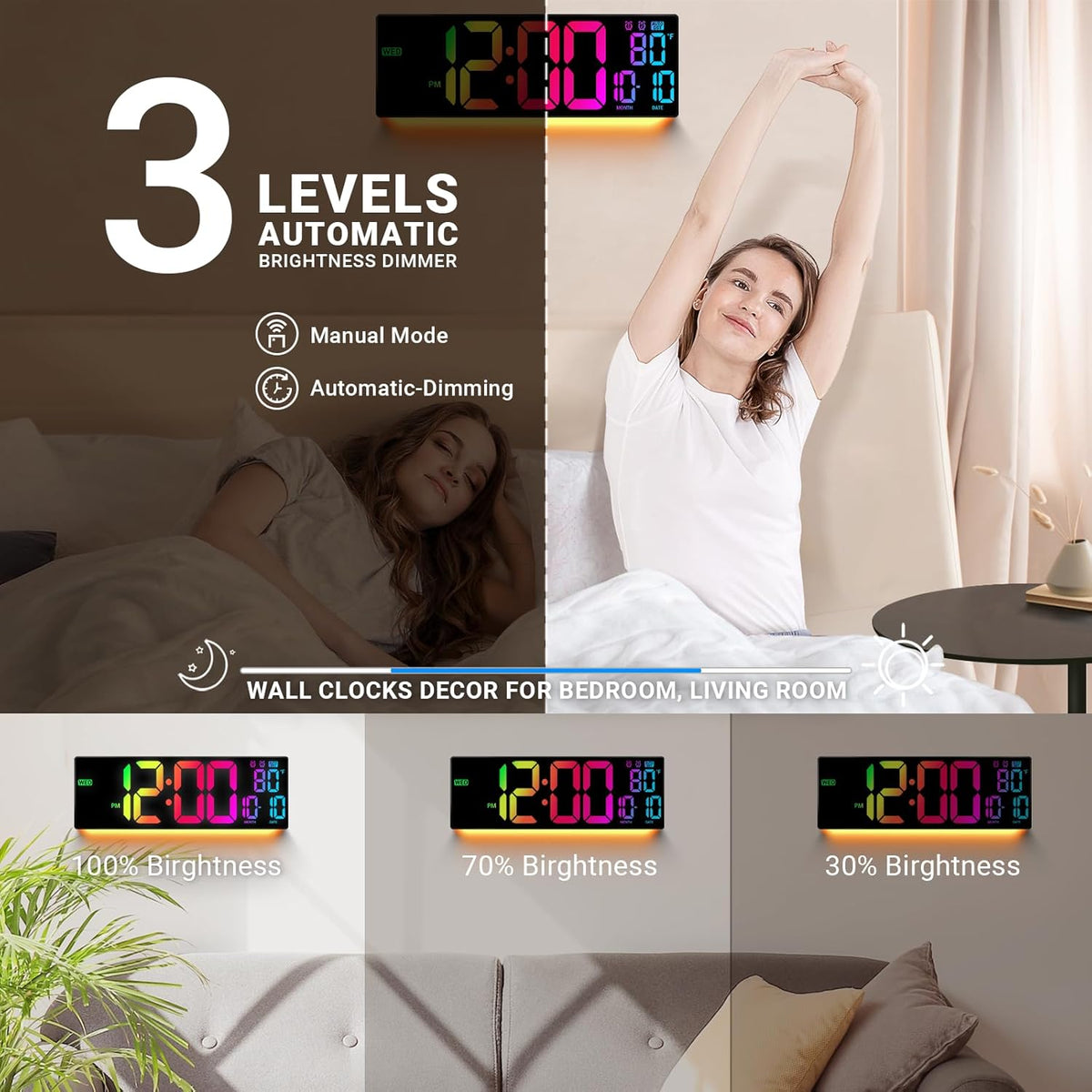 16.5" Large Digital Wall Clock: 11 RGB Colors Wall Mount Decor Clock for Living Room Bedroom Office Classroom, House Warming Gifts New Home Decor, Birthday Gifts for Men Women Black