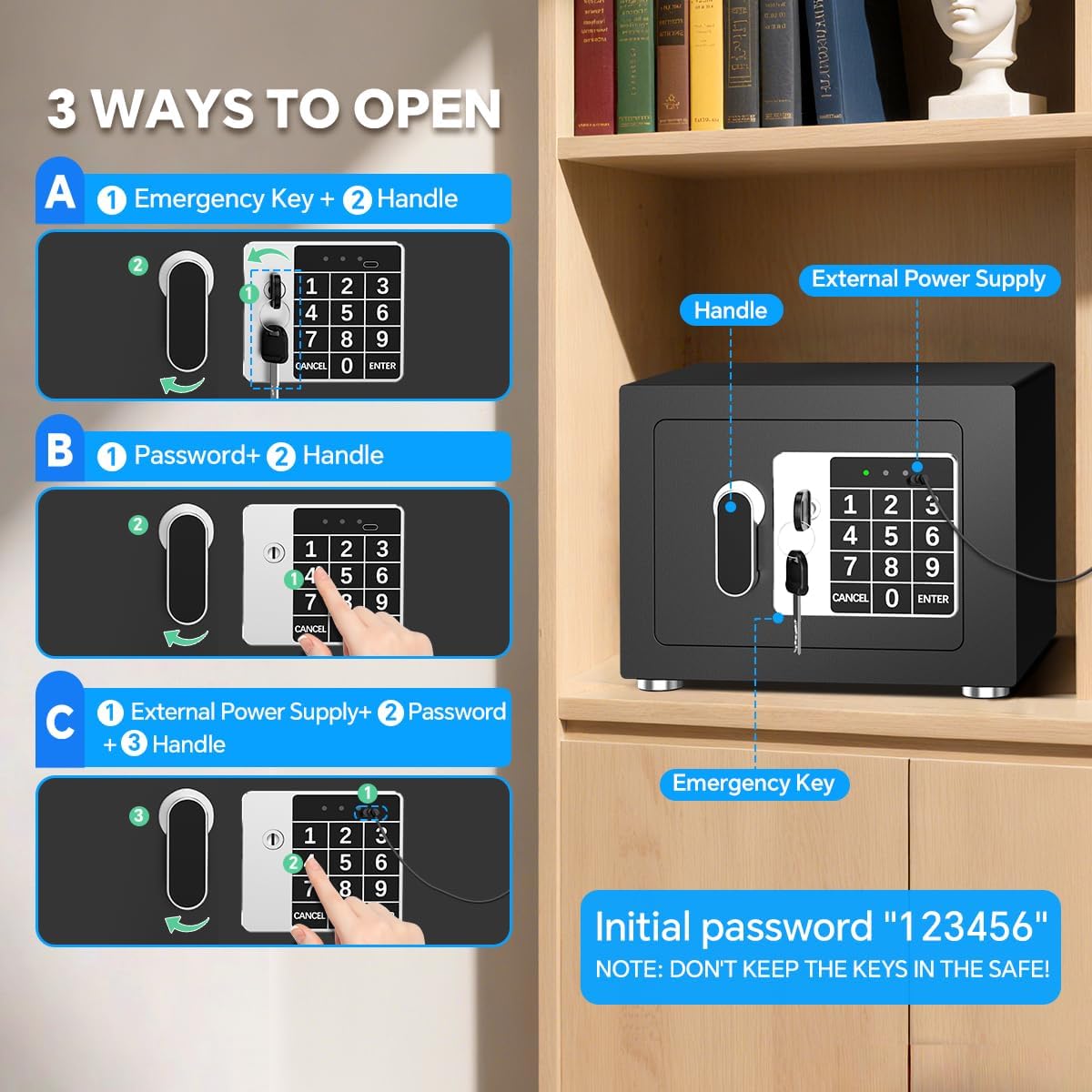 Small Home Safe, 6.7”D x 9”W x 6.7”H, Electronic Keypad Lock Security Box for Cash, Jewelry, Passport, Hidden Safe for Closet, College Dorm Room, Black