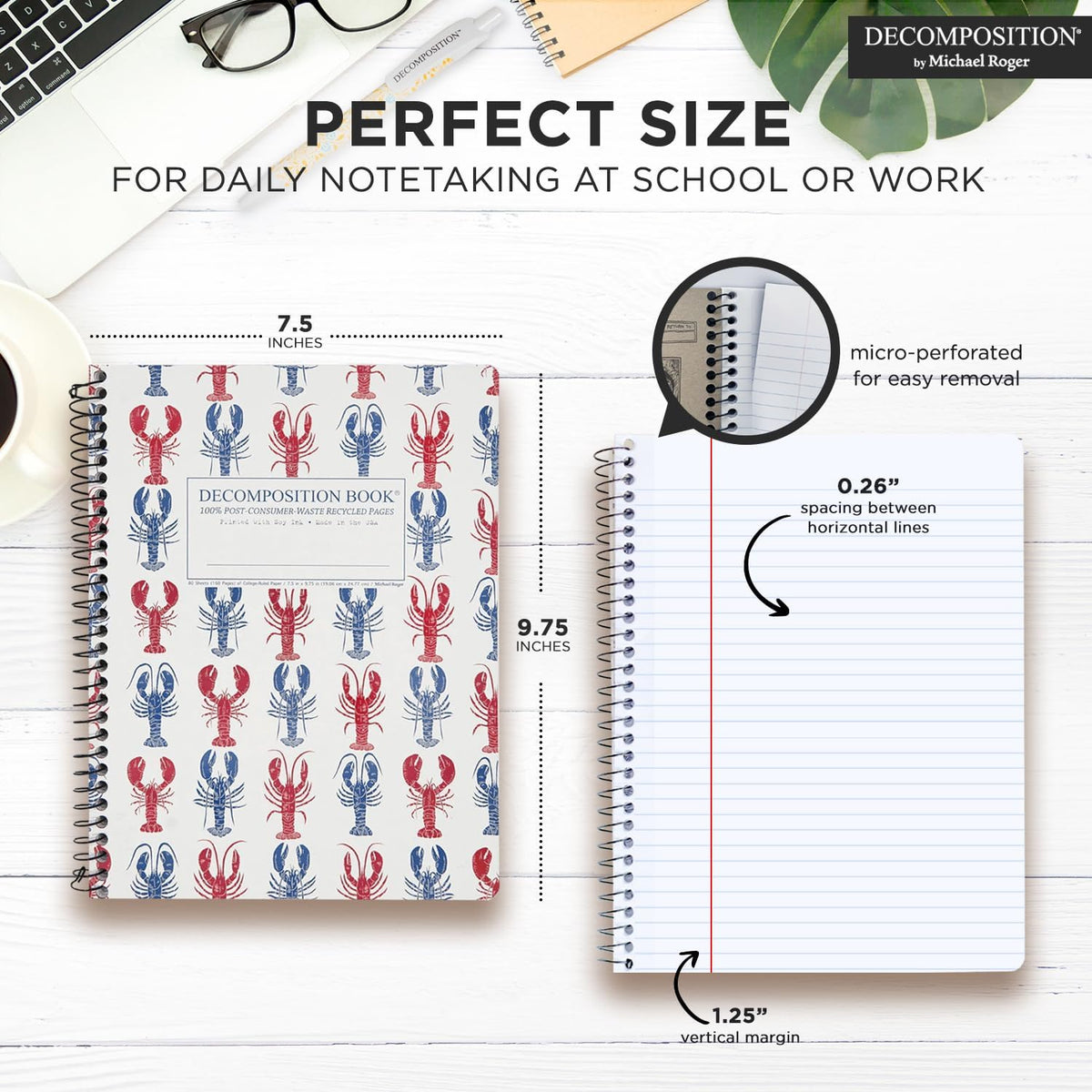 Decomposition Lobsters College Ruled Spiral Notebooks – 9.75 x 7.5 Journal with 160 Lined Pages – Notebooks for School Supplies, Home & Office – 100% Recycled Paper – Made in USA