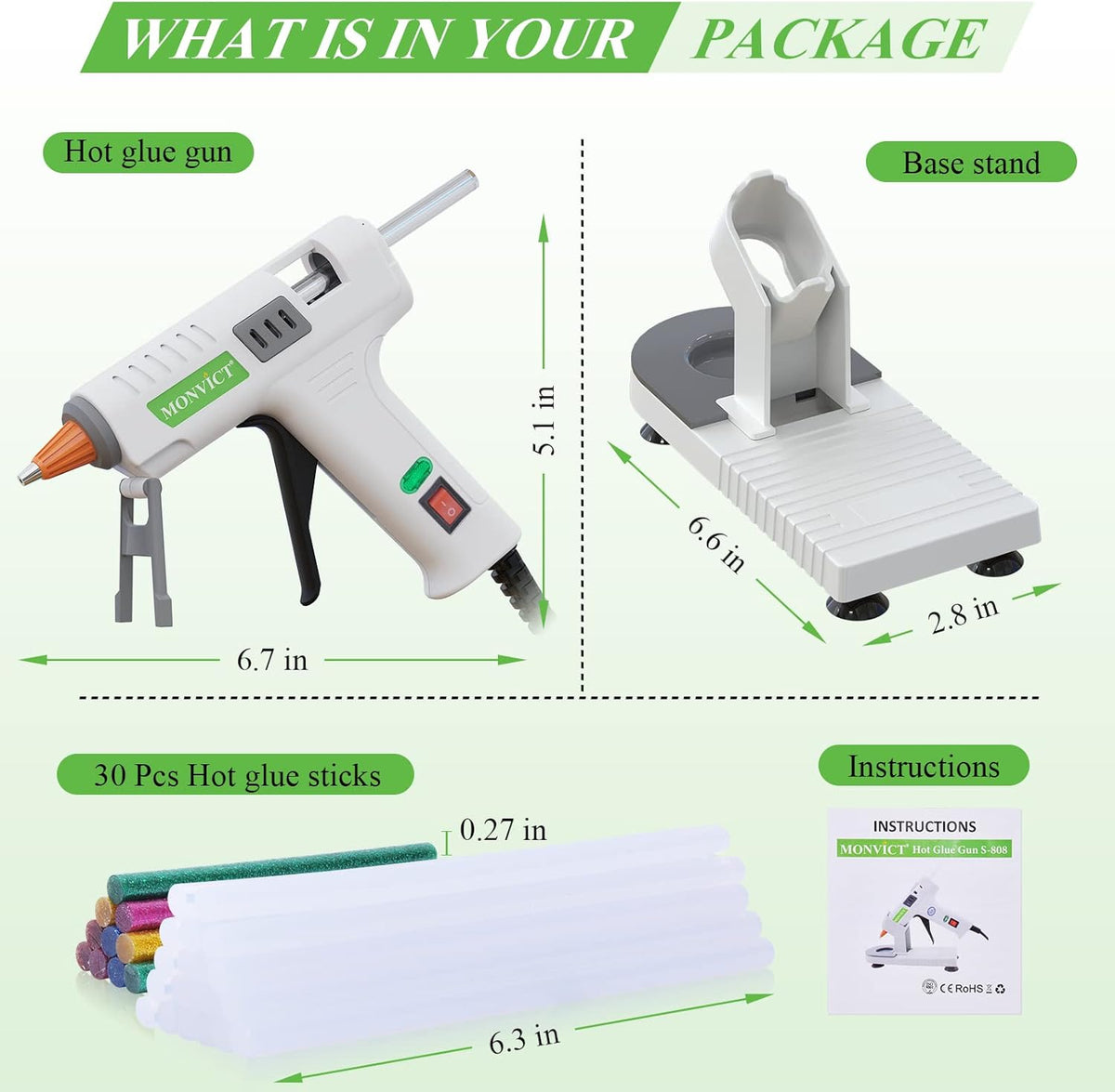 Hot Glue Gun Kit, MONVICT 40W Mini Glue Gun with Fine Tip & 30 Glue Sticks, Suction Cups Stand & Anti Stick Silicone Mat, On/Off Switch Design for DIY, Crafts, Home School Project…