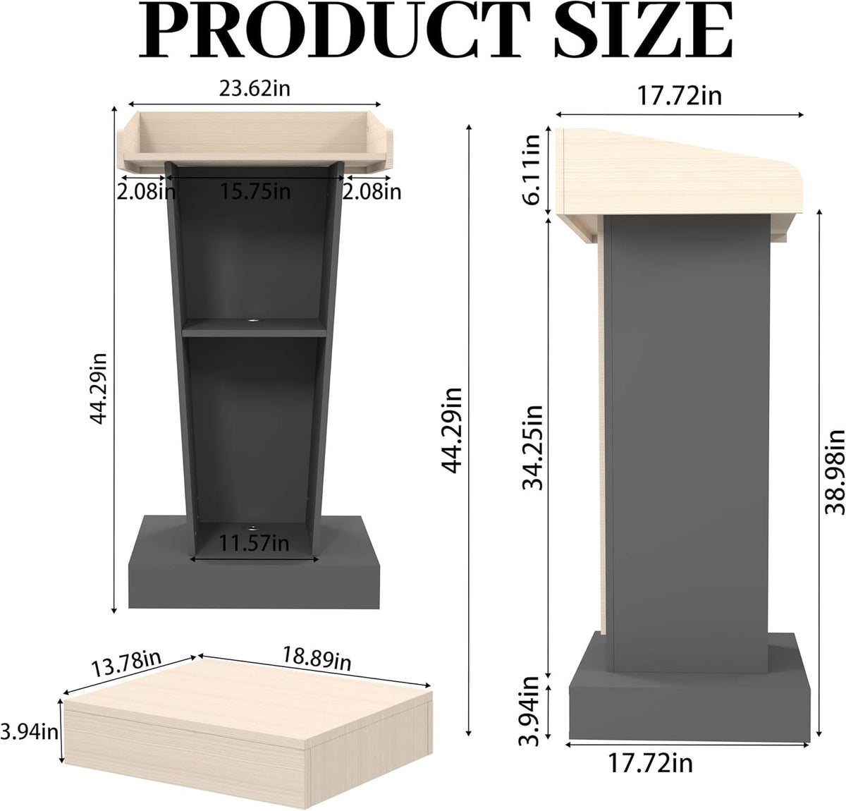 Wooden Podium Stand with Wheels, Stool and 2 Tier Storage, Lectern Presentation Church Classroom, 16MM Wood Board with Heavy Base (Black/Beige)