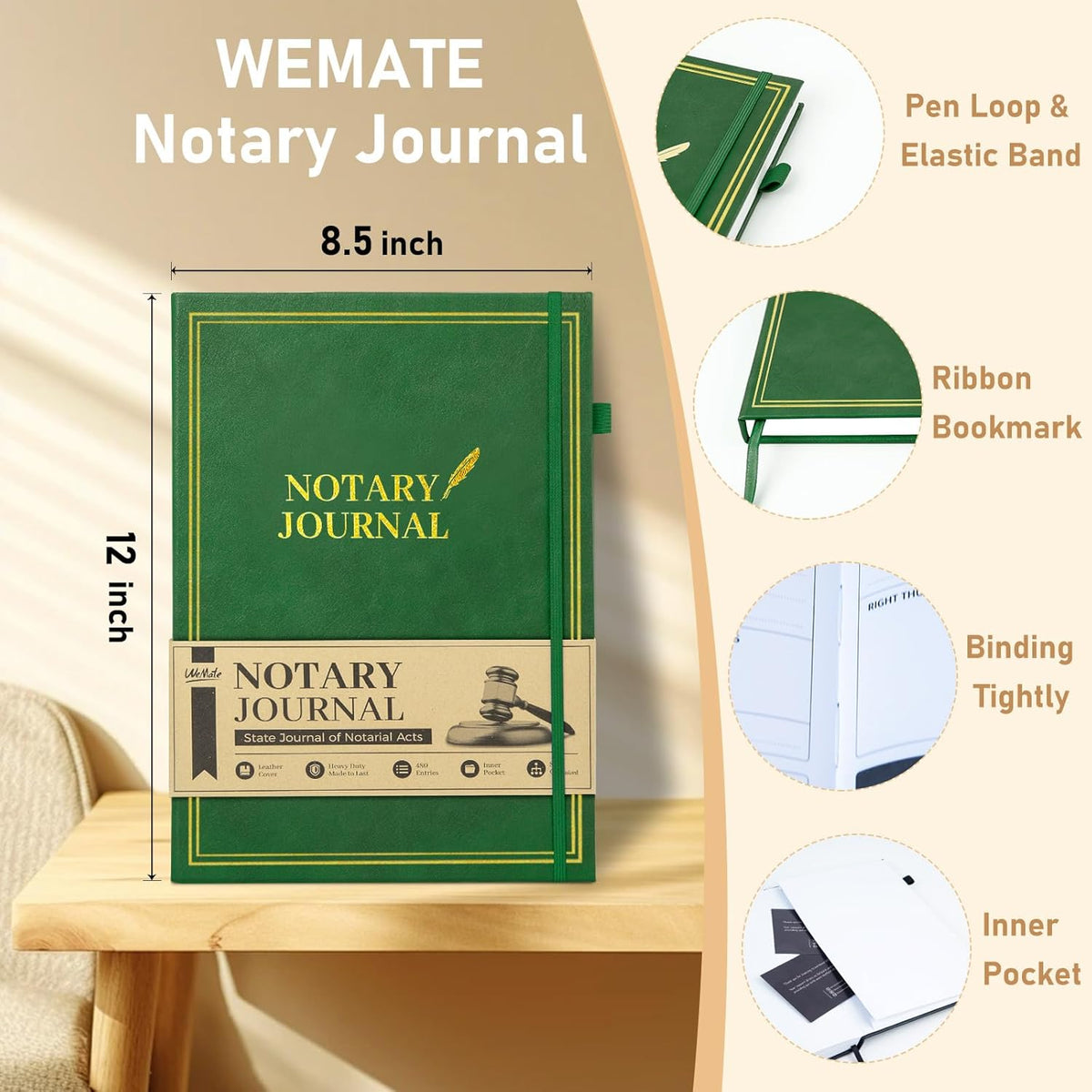 WEMATE Notary Journal Log Book with 480 Record Entries, 12″x8.5″ Hardcover Notary Book - 120gsm Thick Paper, Notary Supplies with 160 Numbered Pages, Large Capacity for Notarial Records (Green)