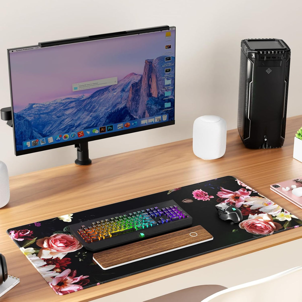 KTRIO Large Gaming Mouse Pad with Stitched Edges, Extended Mousepad with Superior Micro-Weave Cloth, Non-Slip Base, Water Resist Keyboard Pad for Gamer, Office & Home, 31.5x15.7in, Peony Flower