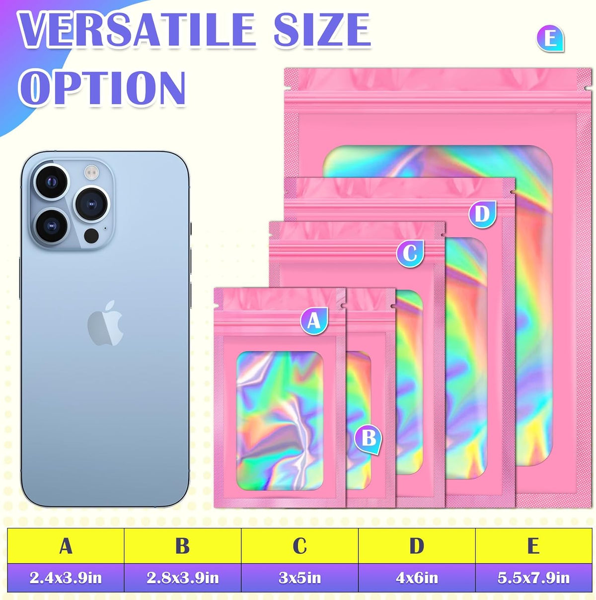 100 PCS Mylar Bags, Pink Holographic Bags, Resealable Bag for Small Business, Foil Pouch Bag for Food Storage, Bracelets, Jewelry(3x5in)